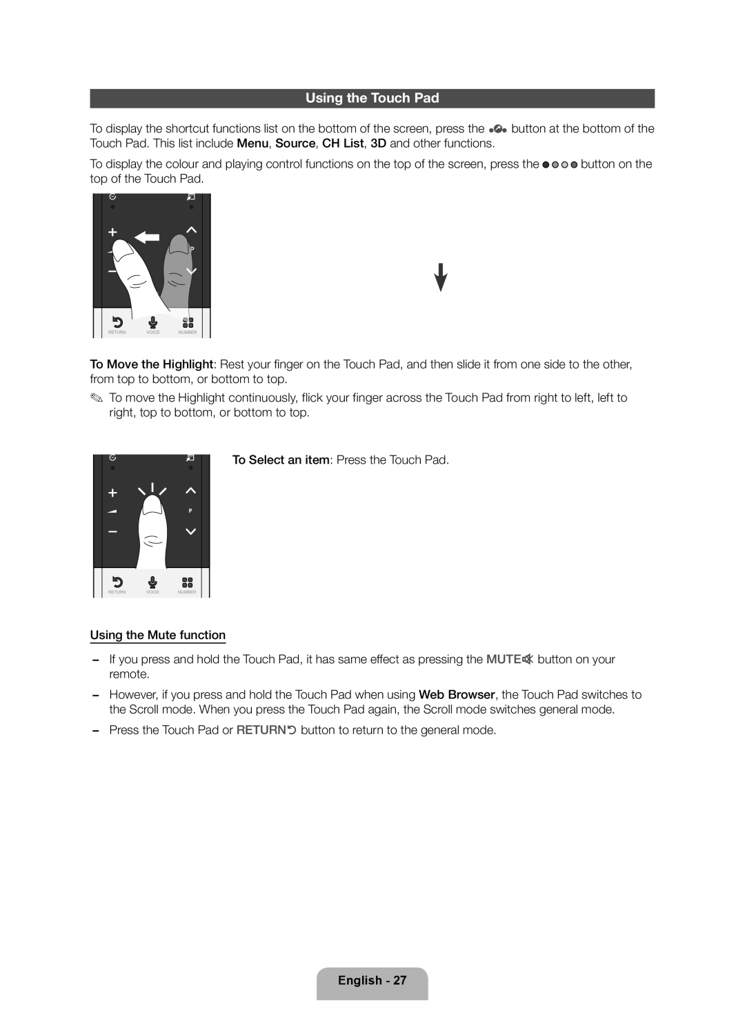 Samsung UE46ES7000UXXU manual Using the Touch Pad 