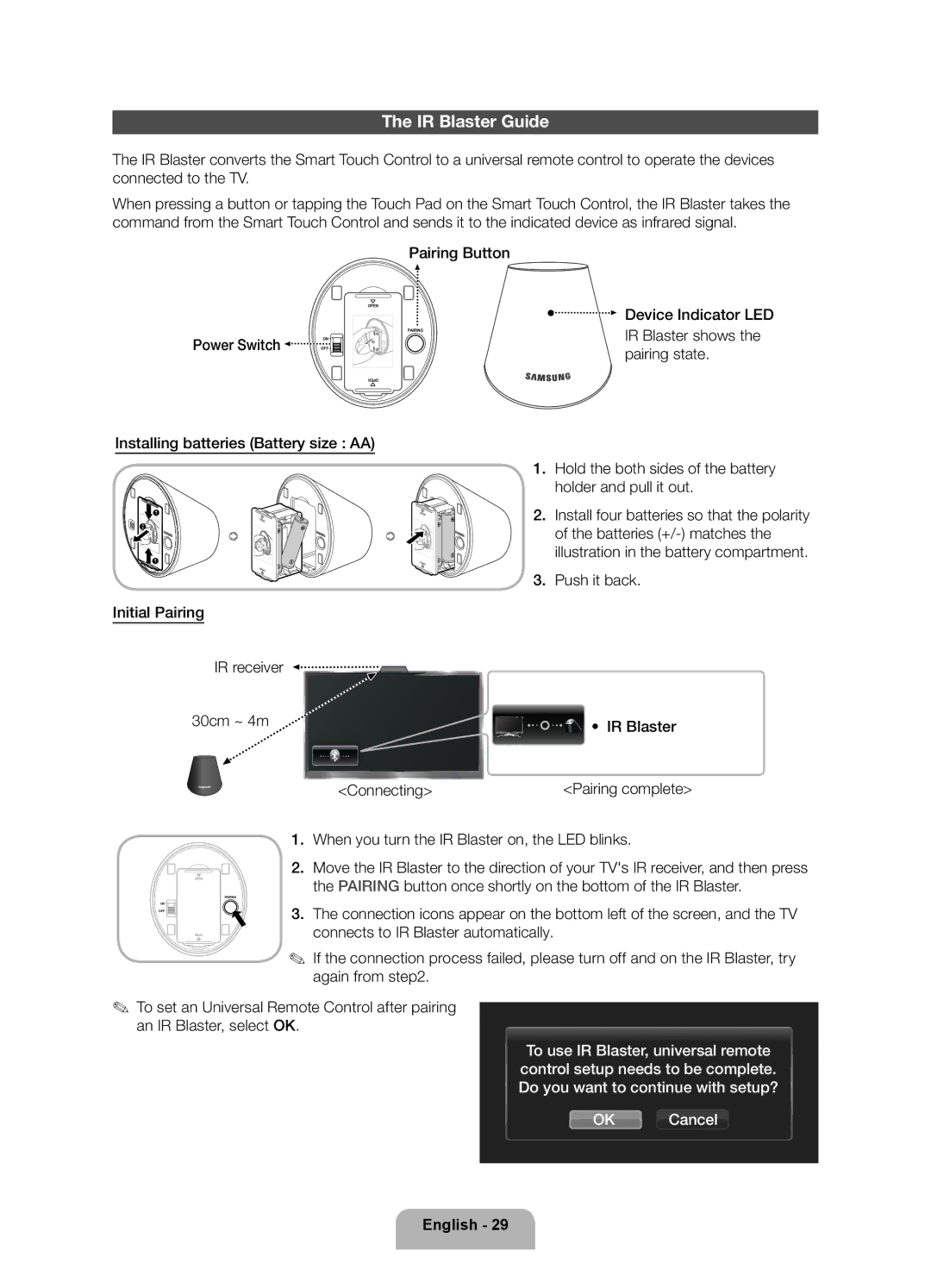 Samsung UE46ES7000UXXU manual IR Blaster Guide, Power Switch 