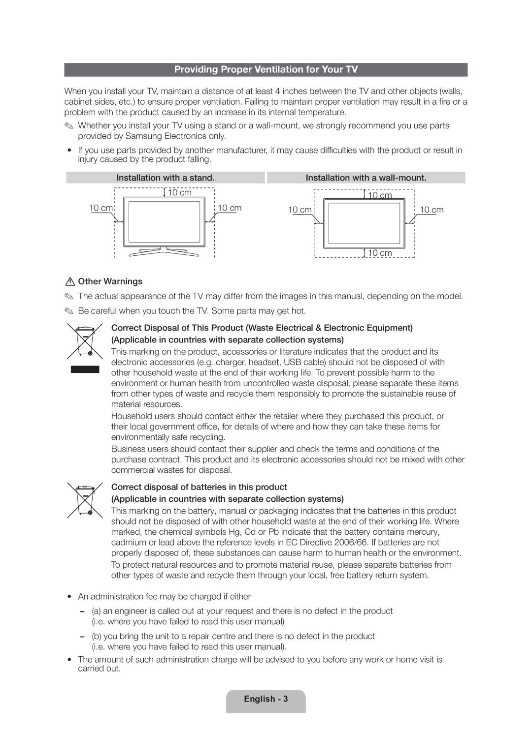 Samsung UE46ES7000UXXU manual Providing Proper Ventilation for Your TV 