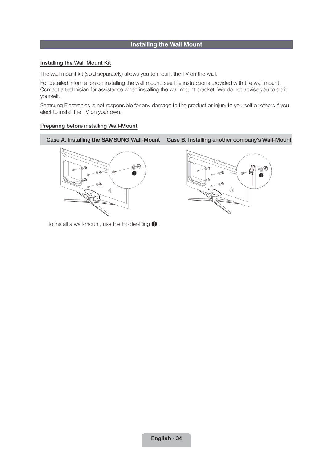 Samsung UE46ES7000UXXU manual Installing the Wall Mount 