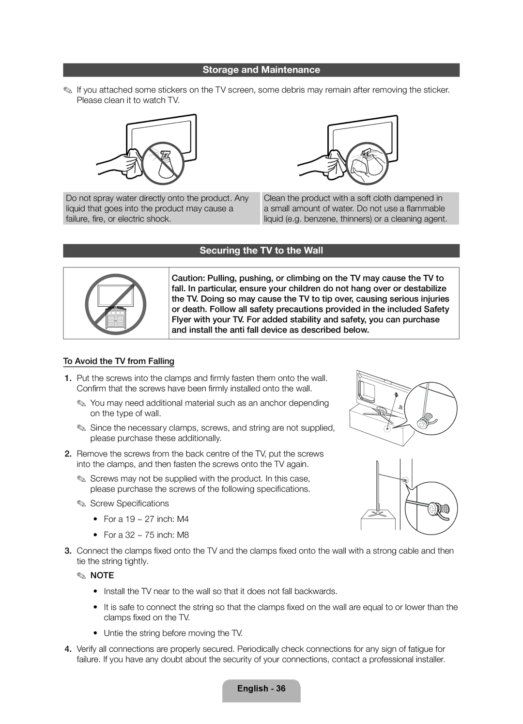 Samsung UE46ES7000UXXU manual Storage and Maintenance, Securing the TV to the Wall 