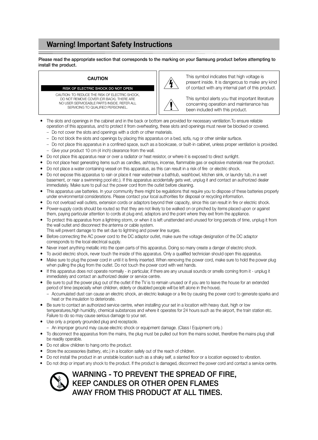 Samsung UE46ES7000UXXU manual Risk of Electric Shock do not Open 