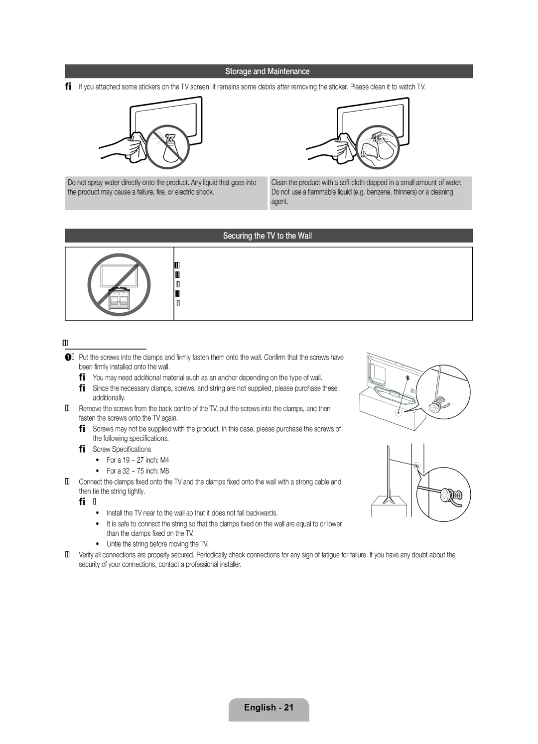 Samsung UE46ES8000QXZT, UE55ES8000QXZT, UE40ES8000QXZT manual Storage and Maintenance, Securing the TV to the Wall 