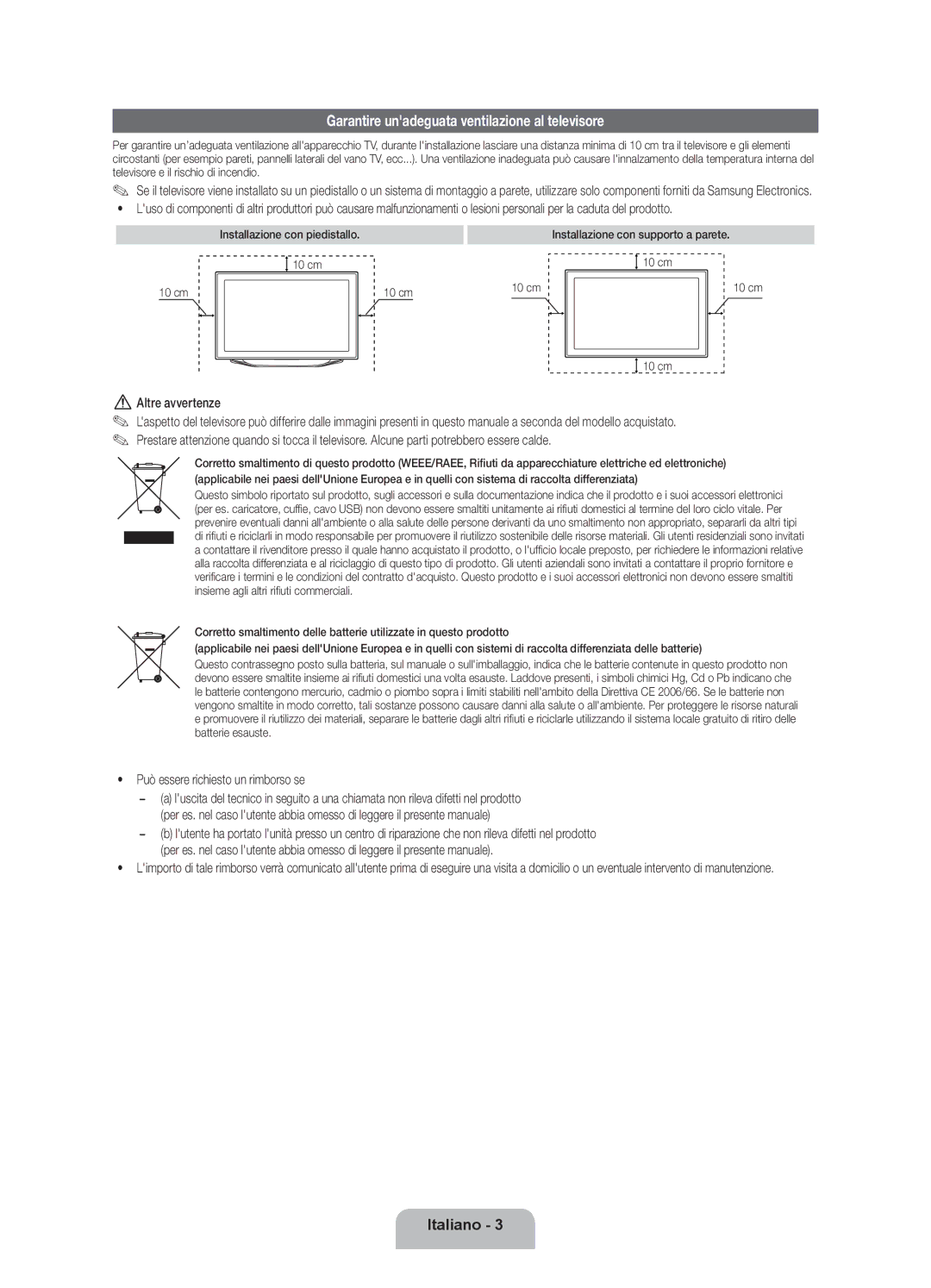 Samsung UE40ES8000QXZT, UE46ES8000QXZT, UE55ES8000QXZT Garantire unadeguata ventilazione al televisore, Altre avvertenze 