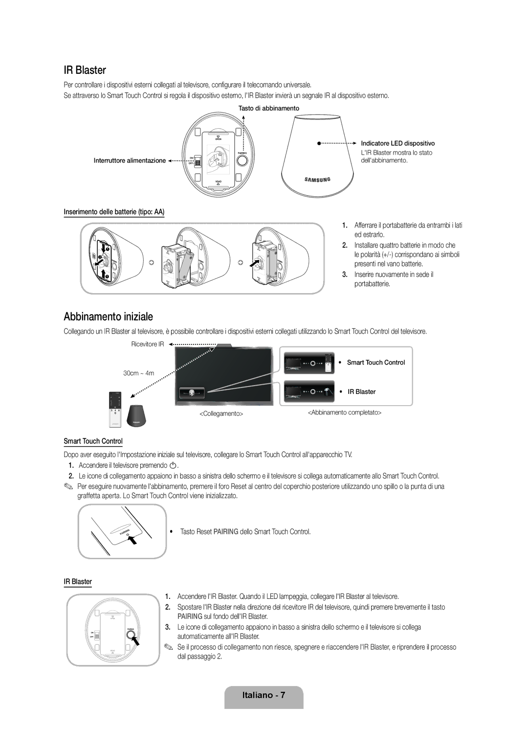 Samsung UE46ES8000QXZT manual Abbinamento iniziale, Inserimento delle batterie tipo AA, Pairing sul fondo dellIR Blaster 