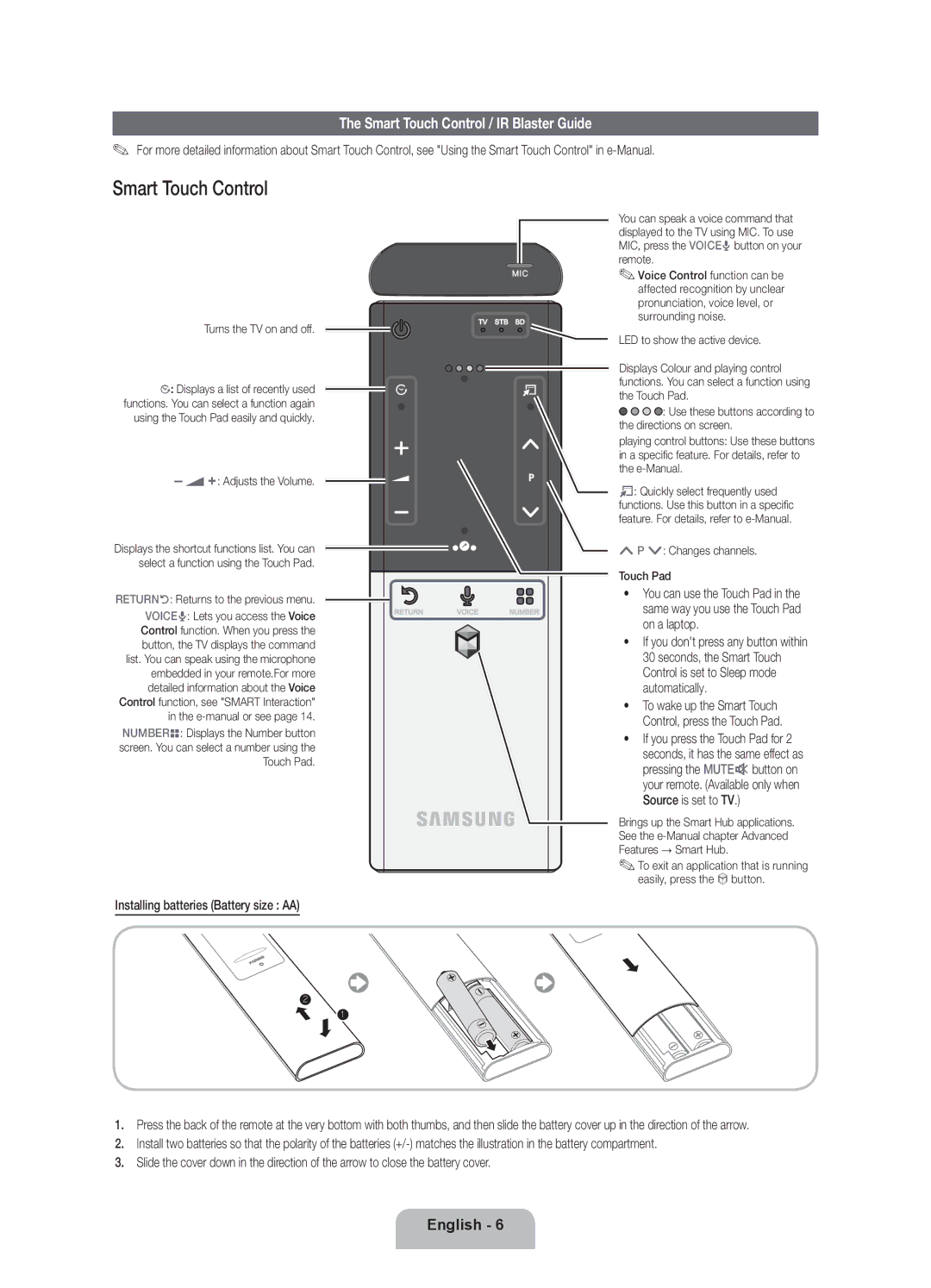 Samsung UE46ES8000QXZT, UE55ES8000QXZT, UE40ES8000QXZT manual Smart Touch Control / IR Blaster Guide 