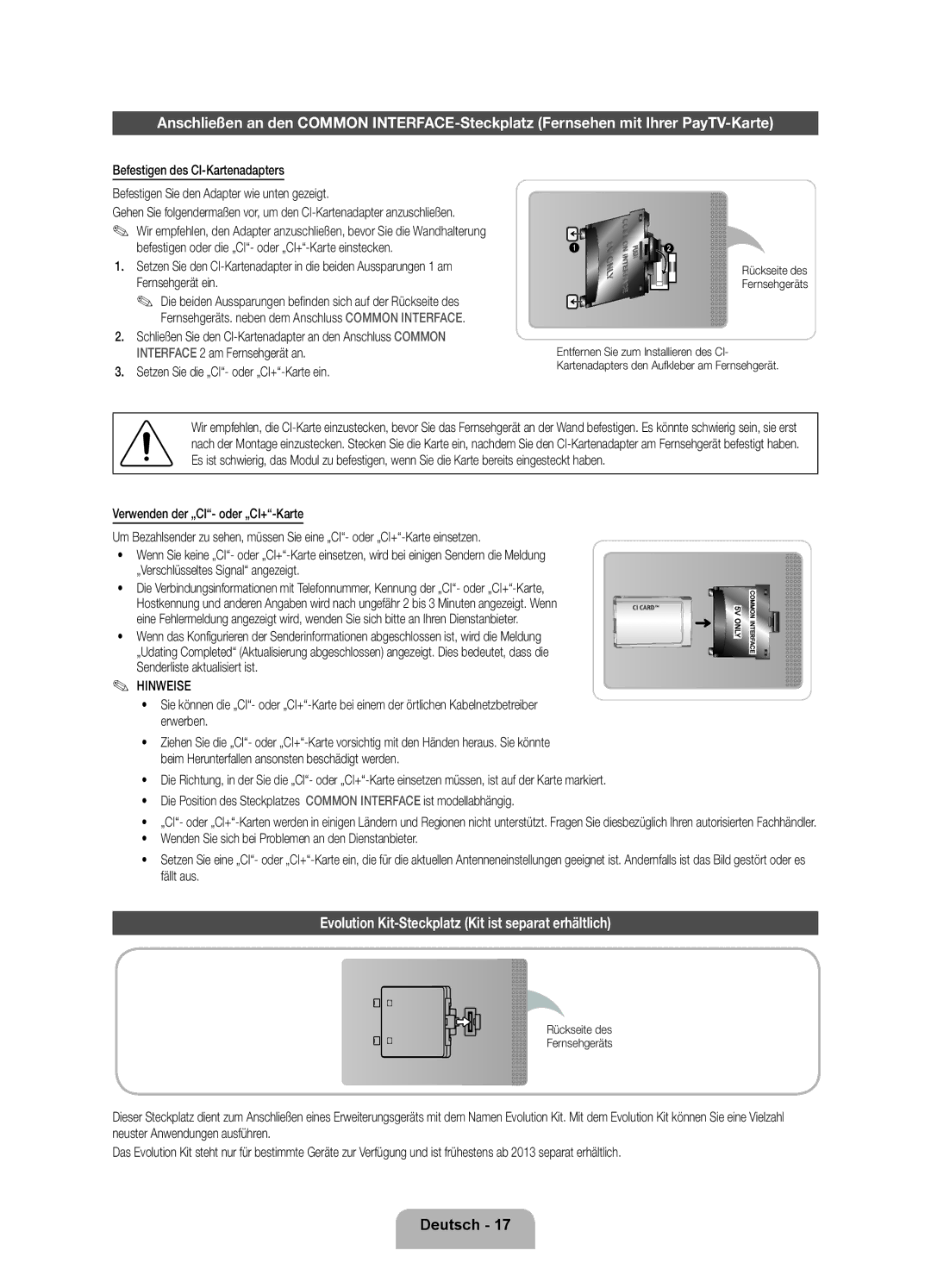 Samsung UE55ES8000QXZT manual Evolution Kit-Steckplatz Kit ist separat erhältlich, Setzen Sie die „CI- oder „CI+-Karte ein 