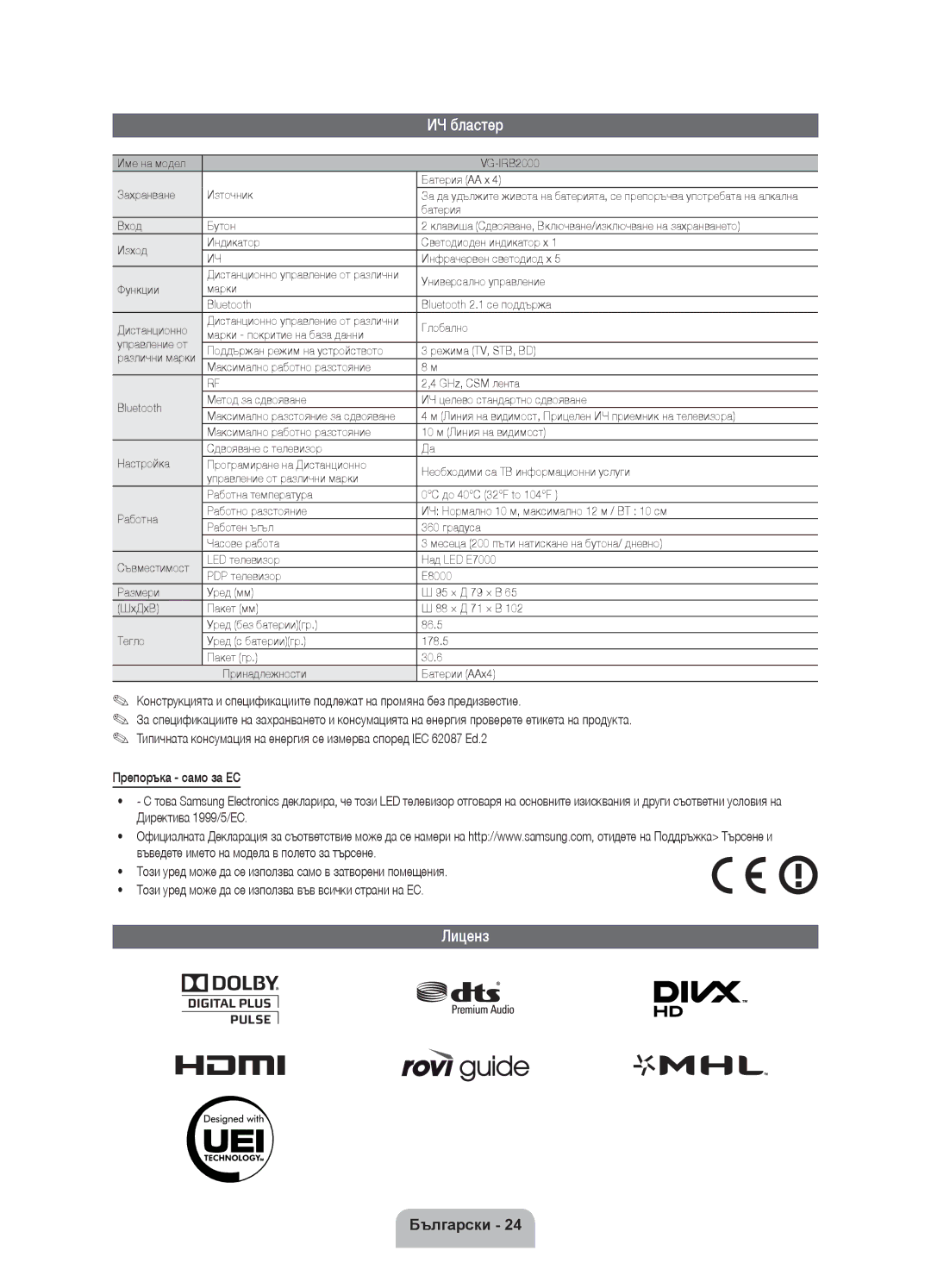 Samsung UE40ES8000SXZF, UE46ES8000SXXN manual ИЧ бластер, Лиценз, Име на модел VG-IRB2000 Батерия AA x Захранване Източник 