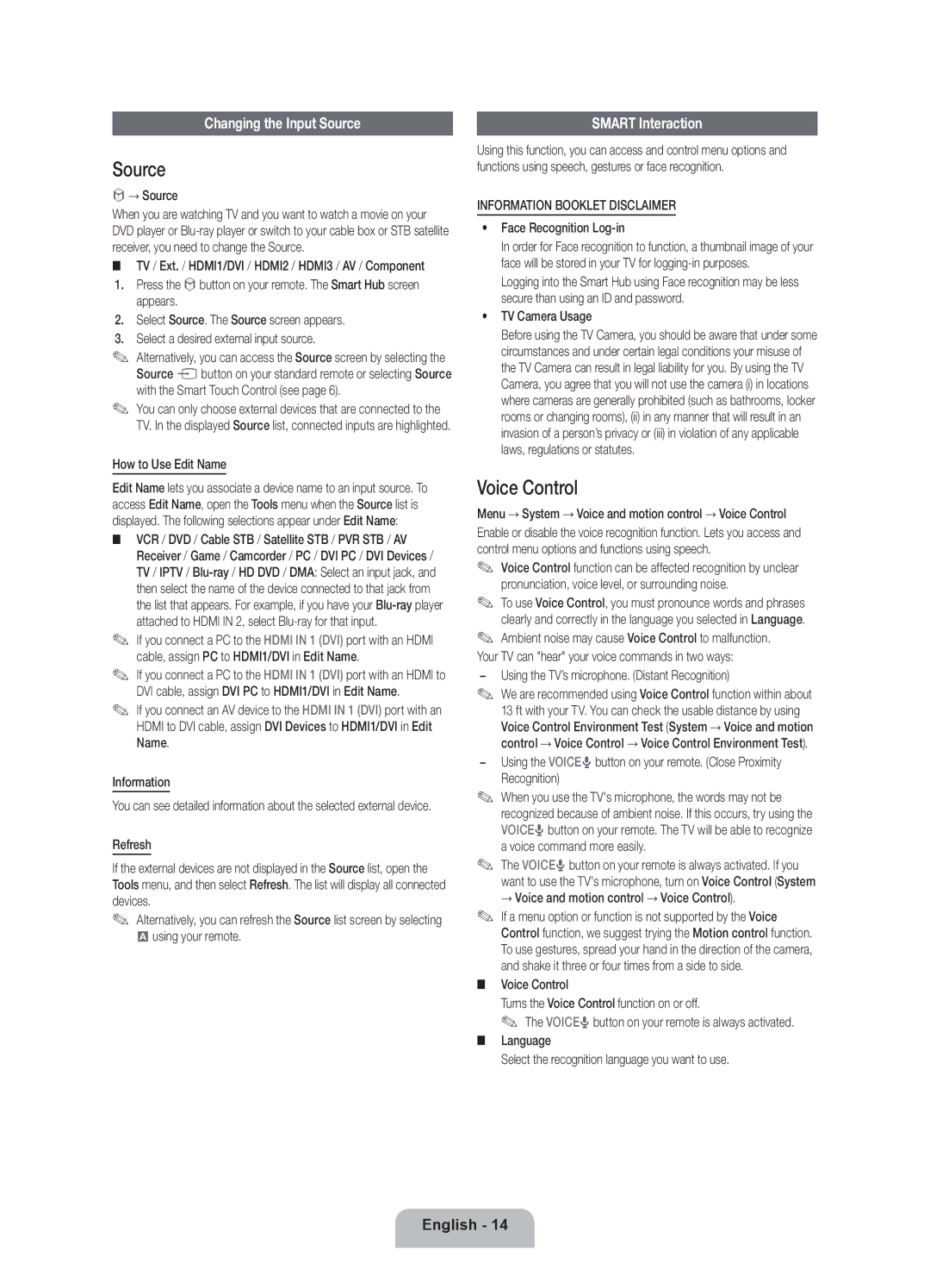 Samsung UE55ES8000SXXN Voice Control, Changing the Input Source, Smart Interaction, Information Booklet Disclaimer 