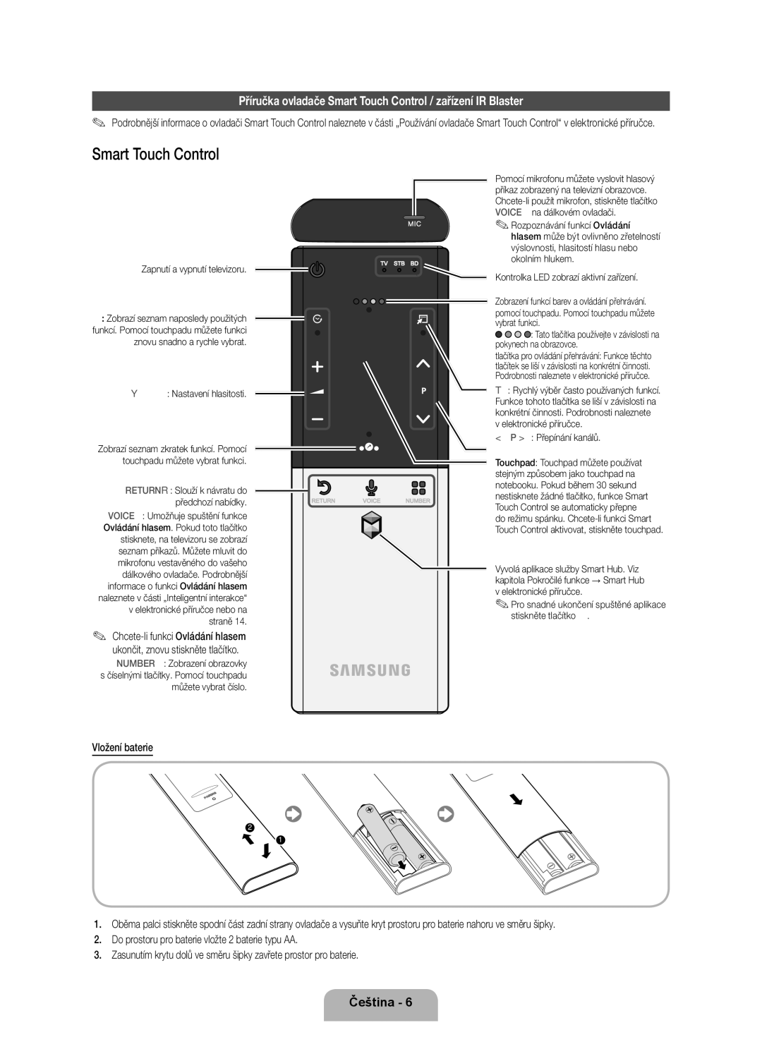 Samsung UE46ES8000SXXN, UE55ES8000SXXH manual Příručka ovladače Smart Touch Control / zařízení IR Blaster, Vložení baterie 