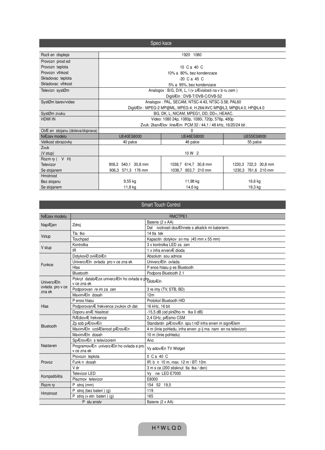 Samsung UE40ES8000SXZF, UE46ES8000SXXN, UE55ES8000SXXH, UE46ES8000SXXH, UE40ES8000SXXN, UE40ES8000SXXH manual Specifikace 