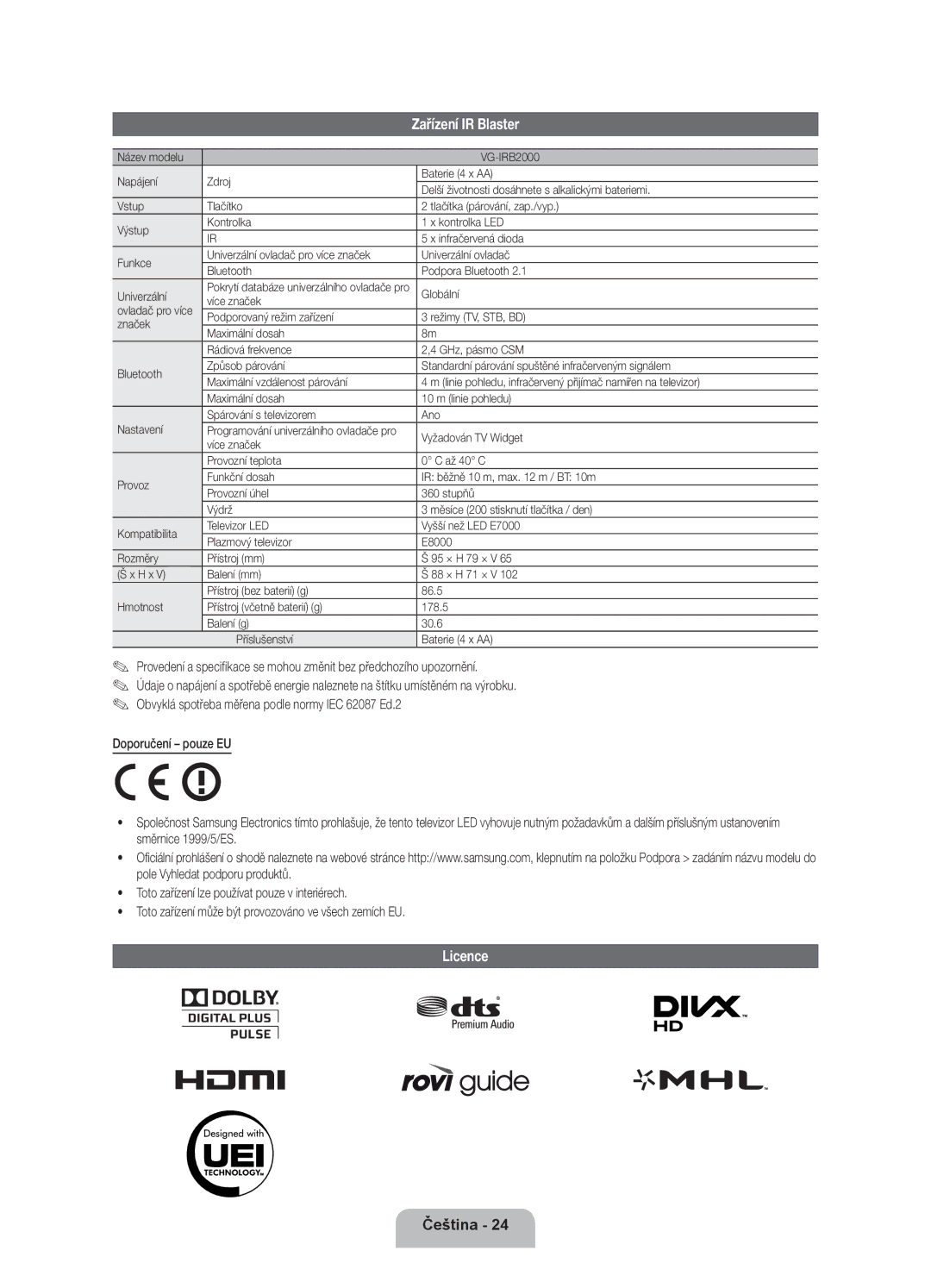 Samsung UE46ES8000SXXN, UE55ES8000SXXH, UE46ES8000SXXH, UE40ES8000SXXN, UE40ES8000SXXH manual Zařízení IR Blaster, Licence 