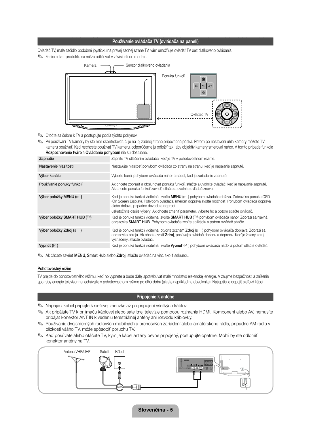 Samsung UE40ES8000SXXH manual Používanie ovládača TV ovládača na paneli, Pripojenie k anténe, Ponuka funkcií Ovládač TV 