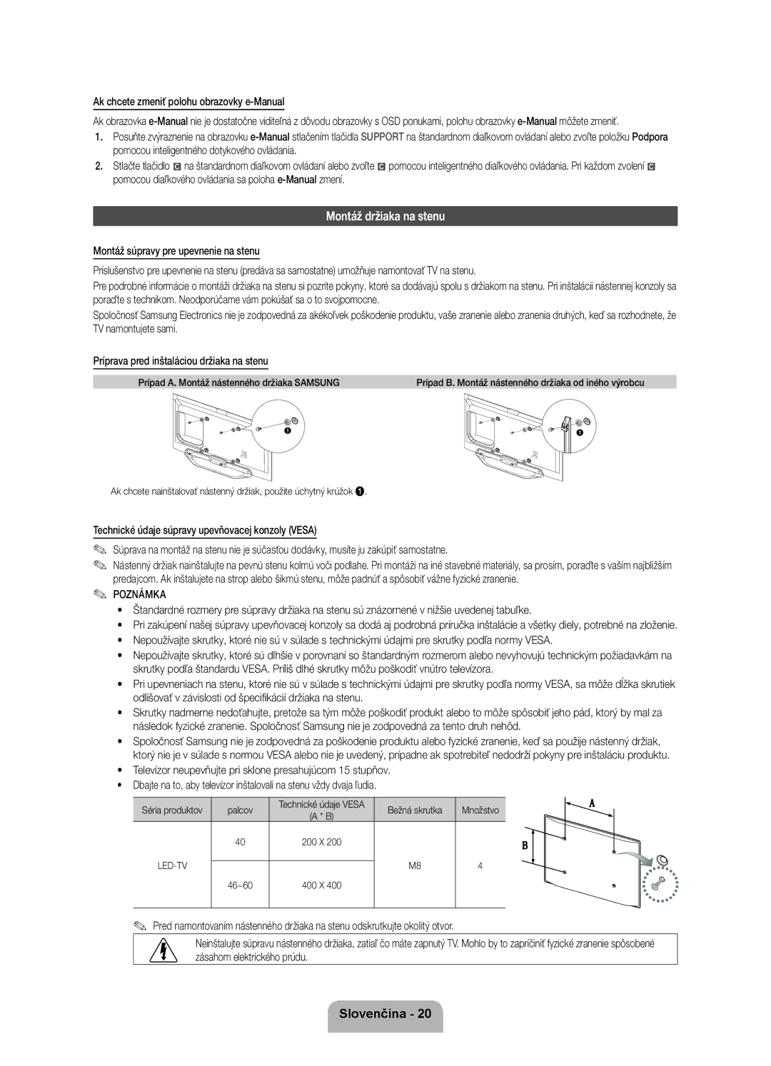 Samsung UE55ES8000SXXH Montáž držiaka na stenu, Ak chcete zmeniť polohu obrazovky e-Manual, Palcov, Bežná skrutka Množstvo 