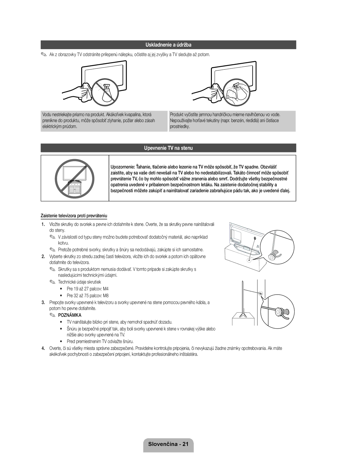 Samsung UE46ES8000SXXH, UE46ES8000SXXN, UE55ES8000SXXH, UE40ES8000SXXN manual Uskladnenie a údržba, Upevnenie TV na stenu 