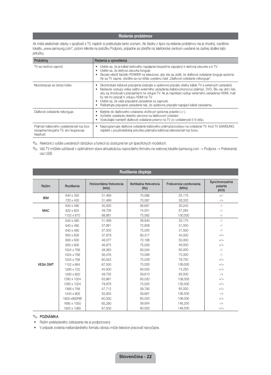 Samsung UE40ES8000SXXN, UE46ES8000SXXN manual Riešenie problémov, Rozlíšenie displeja, Problémy Riešenia a vysvetlenia 