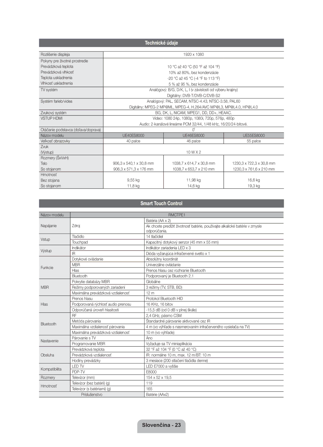 Samsung UE40ES8000SXXH, UE46ES8000SXXN, UE55ES8000SXXH, UE46ES8000SXXH, UE40ES8000SXXN, UE55ES8000SXXN manual Technické údaje 