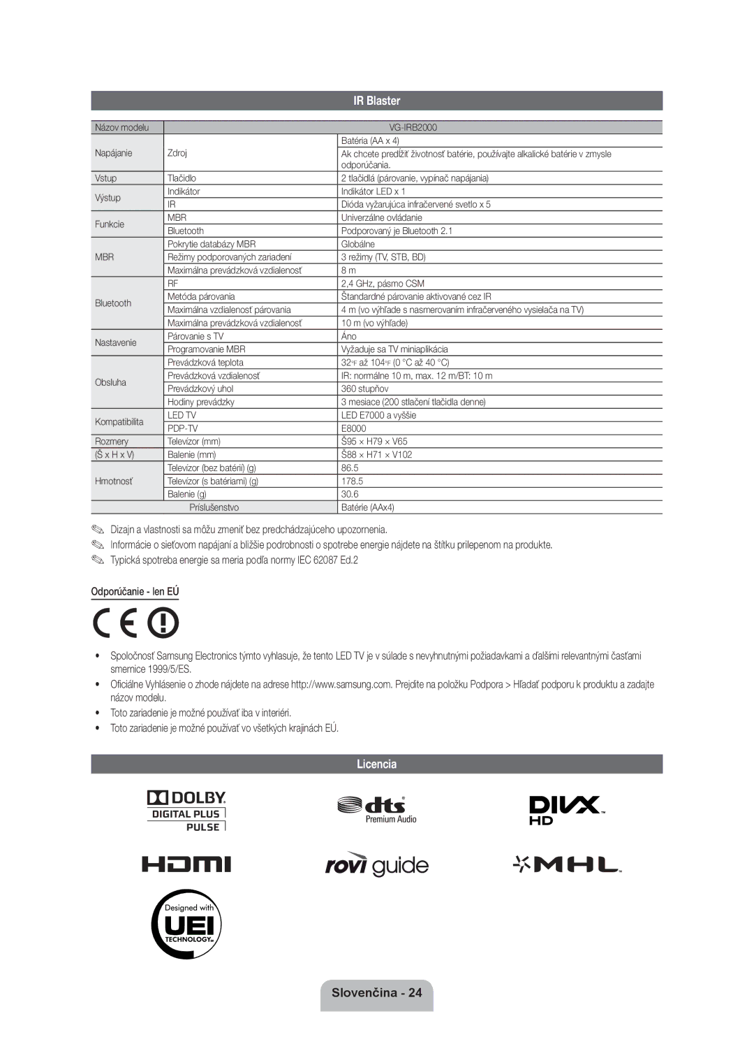 Samsung UE55ES8000SXXN, UE46ES8000SXXN, UE55ES8000SXXH, UE46ES8000SXXH, UE40ES8000SXXN, UE40ES8000SXXH IR Blaster, Licencia 