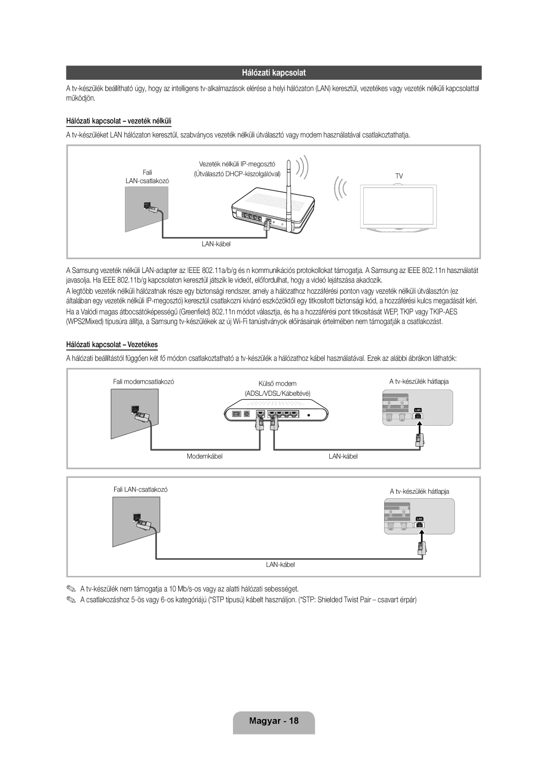 Samsung UE55ES8000SXXN, UE46ES8000SXXN manual Működjön Hálózati kapcsolat vezeték nélküli, Hálózati kapcsolat Vezetékes 