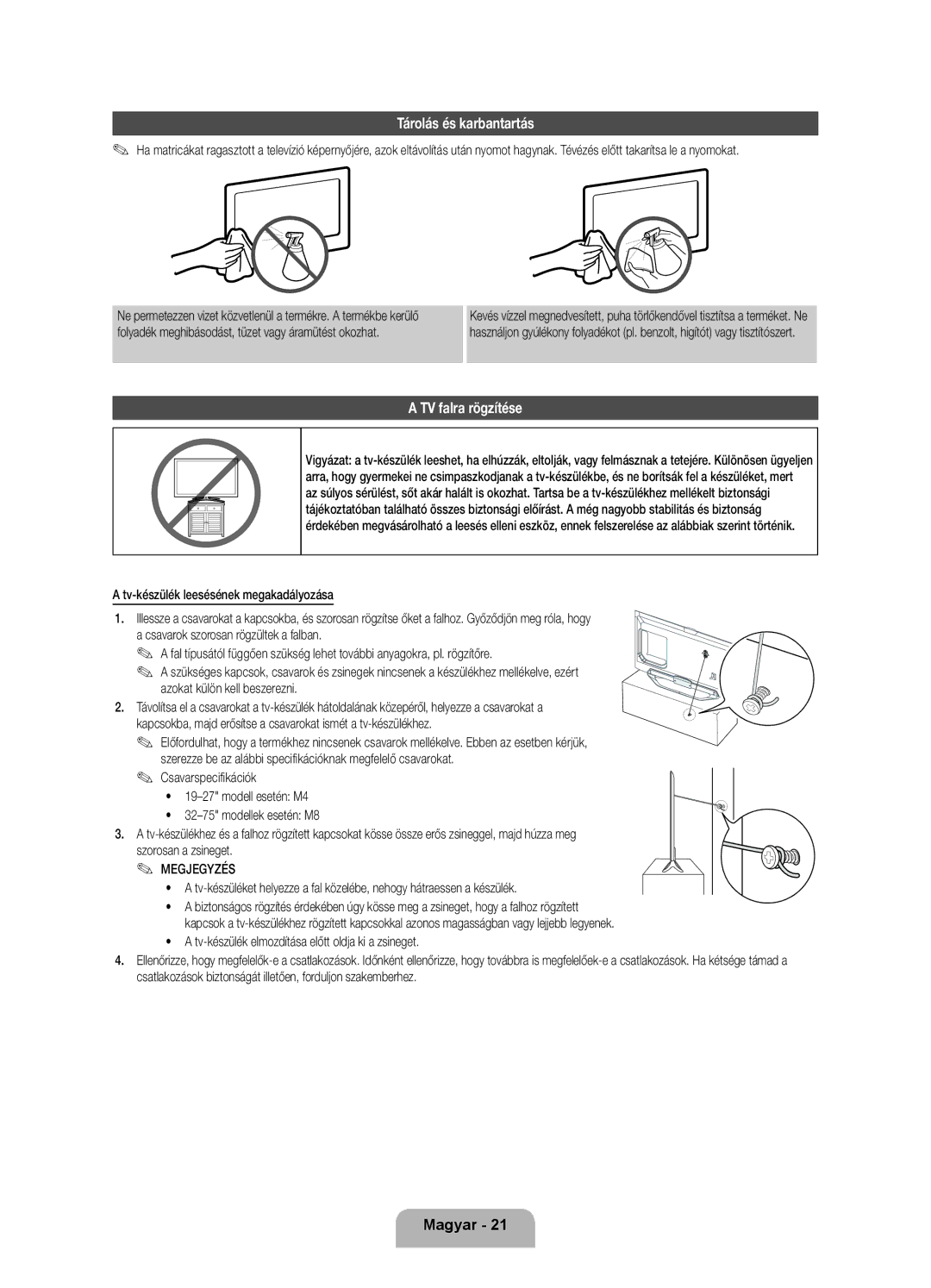 Samsung UE40ES8000SXZF, UE46ES8000SXXN, UE55ES8000SXXH, UE46ES8000SXXH manual Tárolás és karbantartás, TV falra rögzítése 