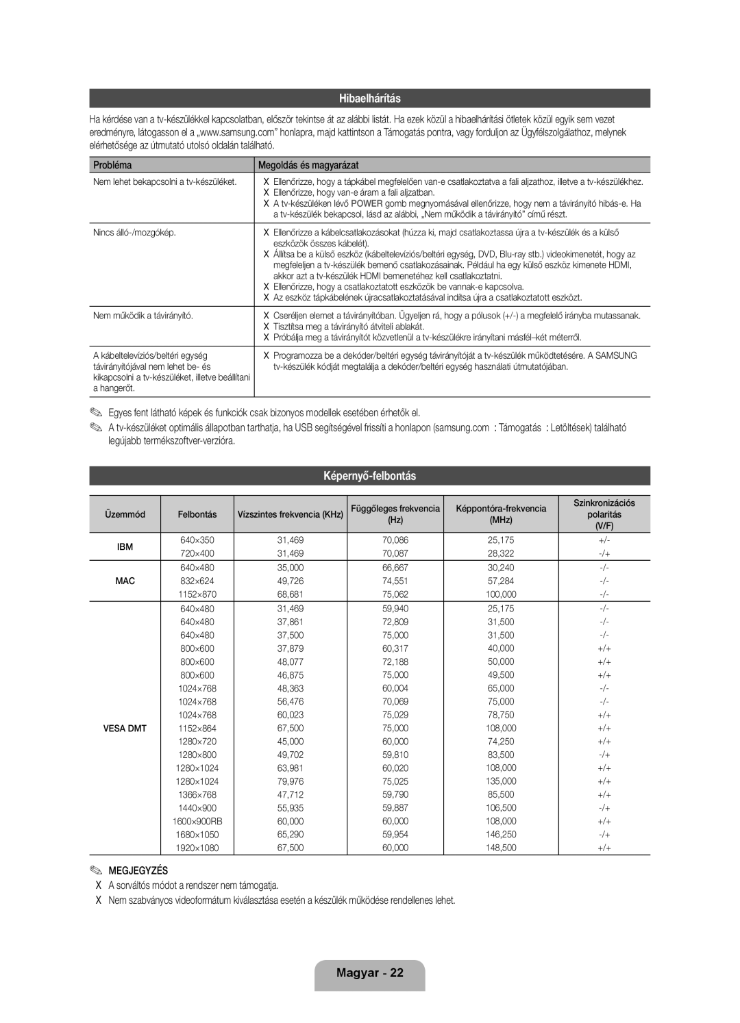 Samsung UE46ES8000SXXN, UE55ES8000SXXH, UE46ES8000SXXH Hibaelhárítás, Képernyő-felbontás, Probléma Megoldás és magyarázat 