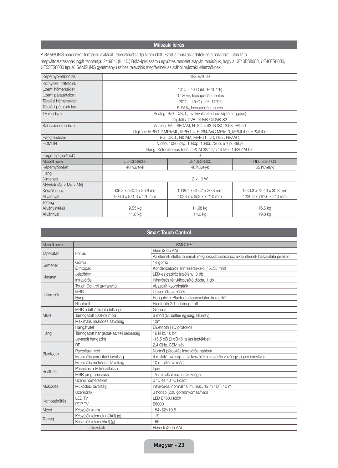 Samsung UE55ES8000SXXH, UE46ES8000SXXN, UE46ES8000SXXH, UE40ES8000SXXN, UE40ES8000SXXH, UE55ES8000SXXN manual Műszaki leírás 