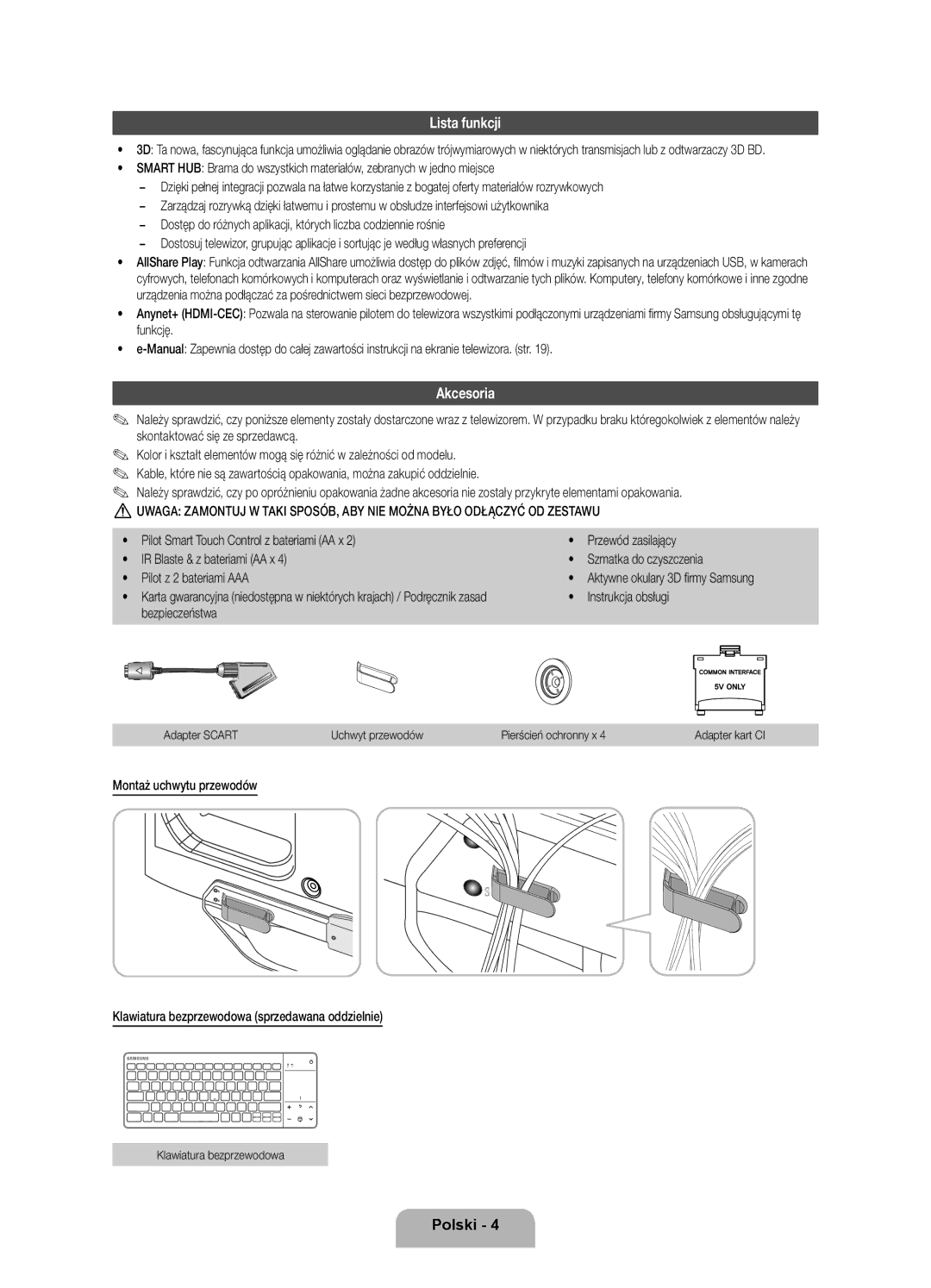 Samsung UE55ES8000SXXN, UE46ES8000SXXN, UE55ES8000SXXH manual Lista funkcji, Akcesoria, Instrukcja obsługi, Bezpieczeństwa 