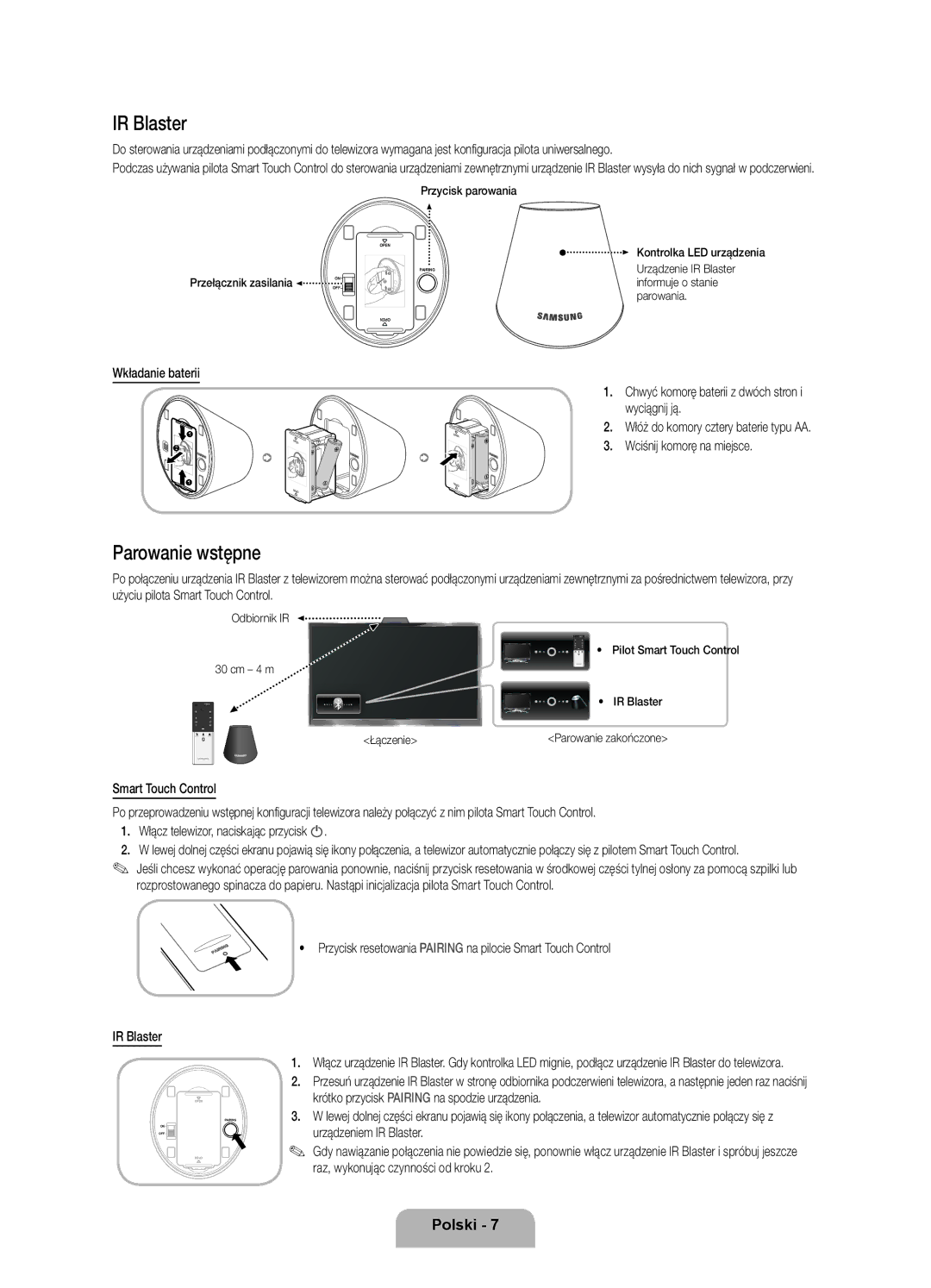 Samsung UE40ES8000SXZF manual Parowanie wstępne, Krótko przycisk Pairing na spodzie urządzenia, Urządzeniem IR Blaster 