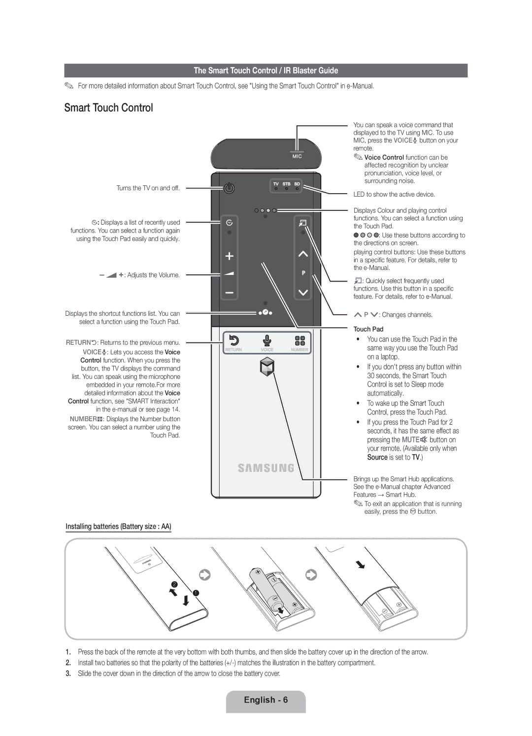 Samsung UE46ES8000SXZF, UE46ES8000SXXN, UE55ES8000SXXH, UE46ES8000SXXH manual Smart Touch Control / IR Blaster Guide 