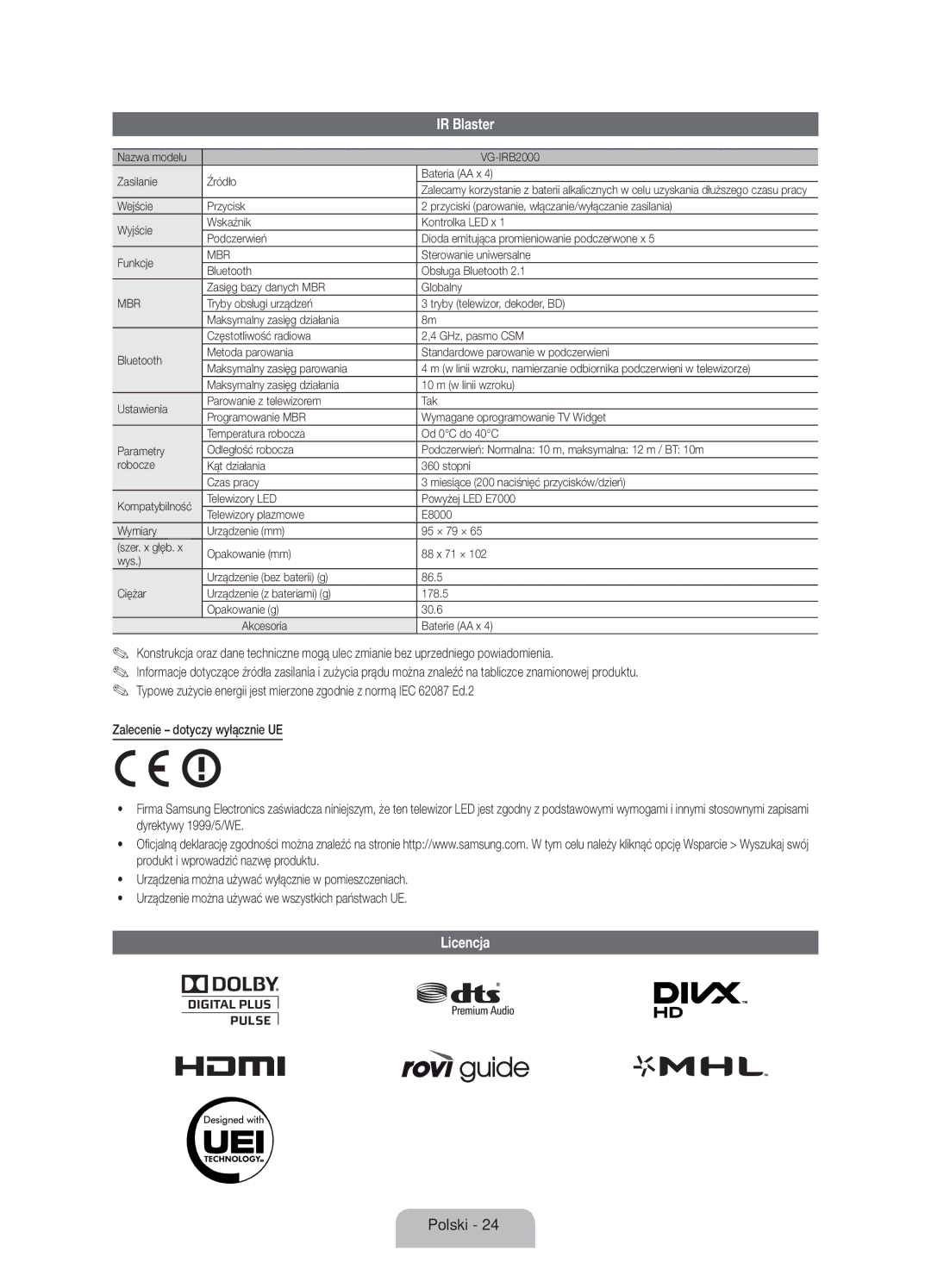 Samsung UE55ES8000SXZF, UE46ES8000SXXN, UE55ES8000SXXH manual Licencja, Nazwa modelu VG-IRB2000 Zasilanie Źródło Bateria AA x 