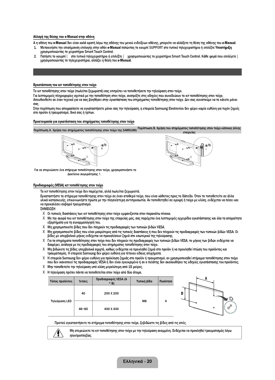 Samsung UE40ES8000SXZF manual Εγκατάσταση του στηρίγματος τοποθέτησης στον τοίχο, Αλλαγή της θέσης του e-Manual στην οθόνη 