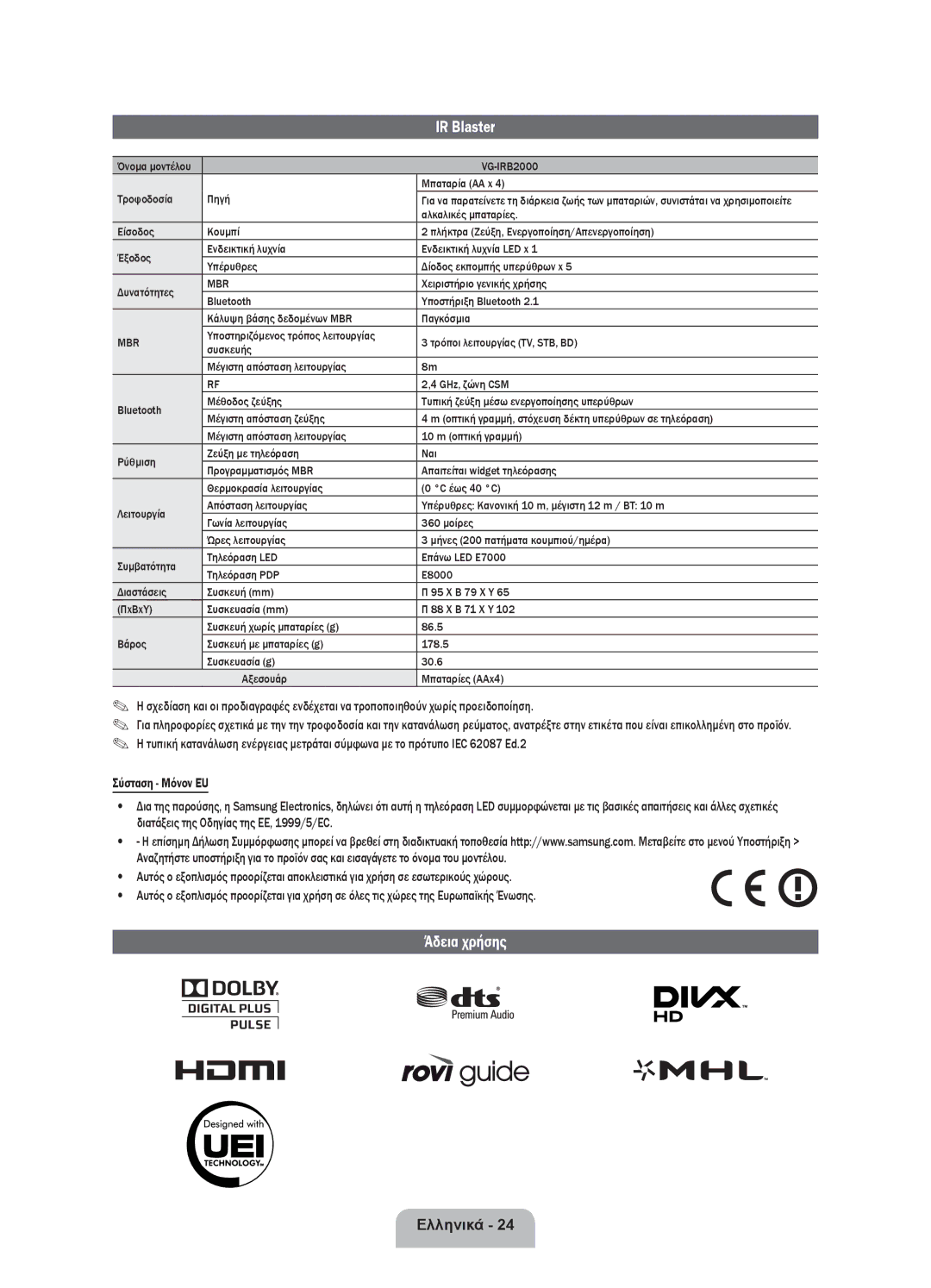 Samsung UE40ES8000SXXN, UE46ES8000SXXN, UE55ES8000SXXH manual IR Blaster, Άδεια χρήσης, Τροφοδοσία Πηγή, Αλκαλικές μπαταρίες 