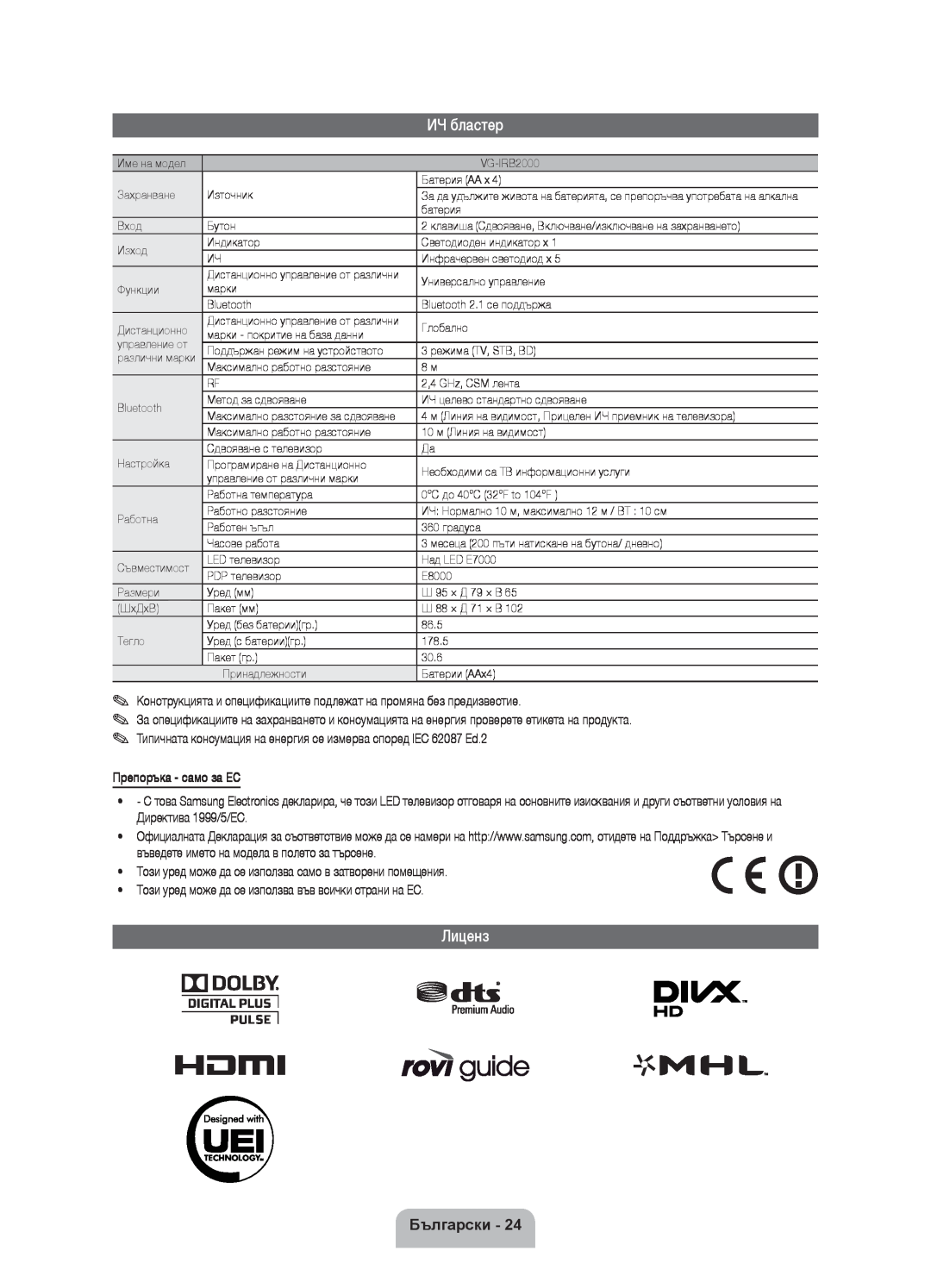 Samsung UE40ES8000SXZF ИЧ бластер, Лиценз, Български, Конструкцията и спецификациите подлежат на промяна без предизвестие 