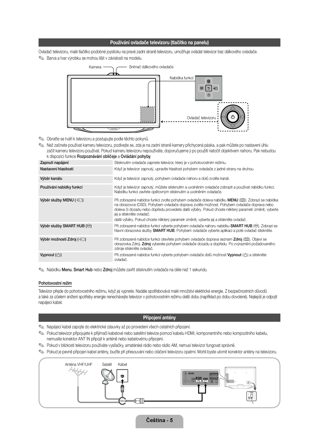 Samsung UE40ES8000SXZF, UE46ES8000SXXN manual Používání ovladače televizoru tlačítko na panelu, Připojení antény, Čeština 