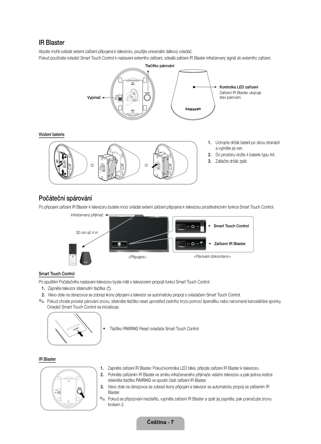 Samsung UE55ES8000SXXH manual Počáteční spárování, IR Blaster, Čeština, Kontrolka LED zařízení, Vypínač, stav párování 