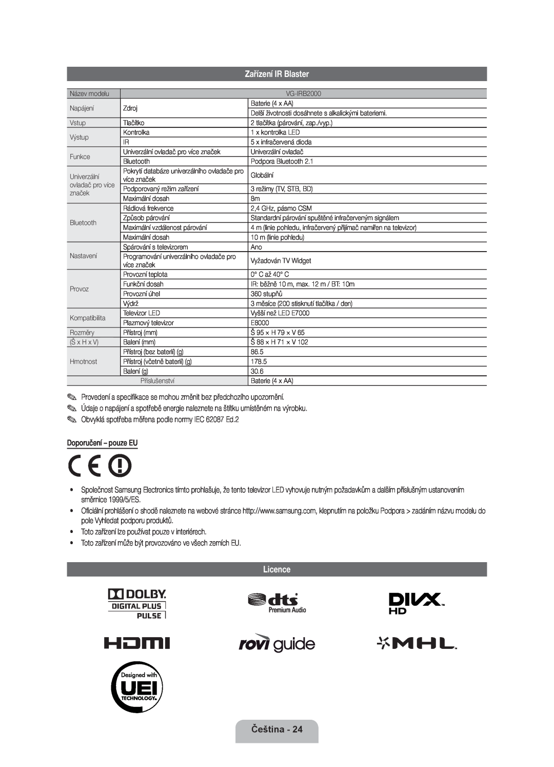 Samsung UE46ES8000SXXN, UE55ES8000SXXH, UE46ES8000SXXH manual Zařízení IR Blaster, Licence, Čeština, Doporučení - pouze EU 