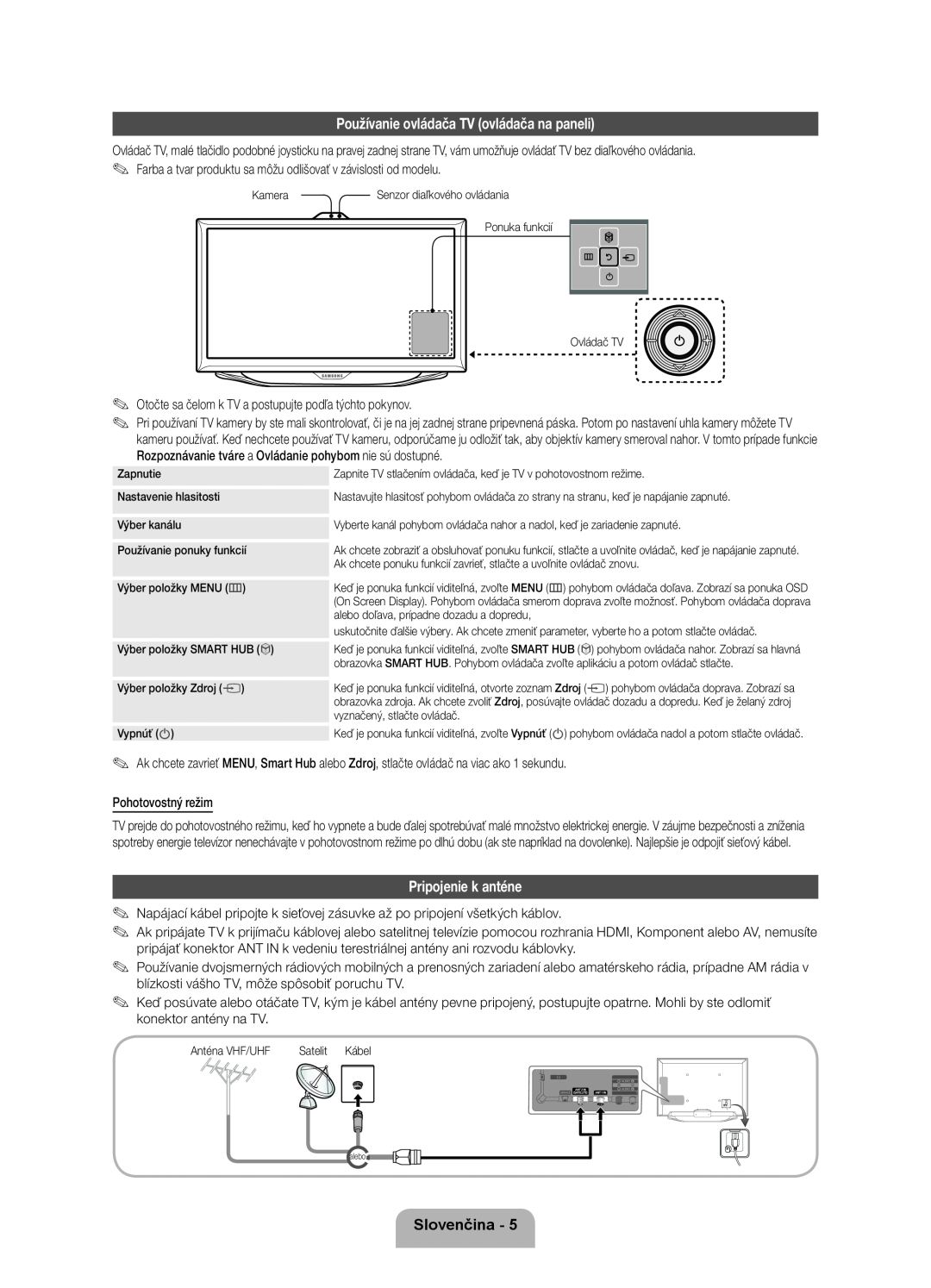 Samsung UE40ES8000SXXH, UE46ES8000SXXN manual Používanie ovládača TV ovládača na paneli, Pripojenie k anténe, Slovenčina 