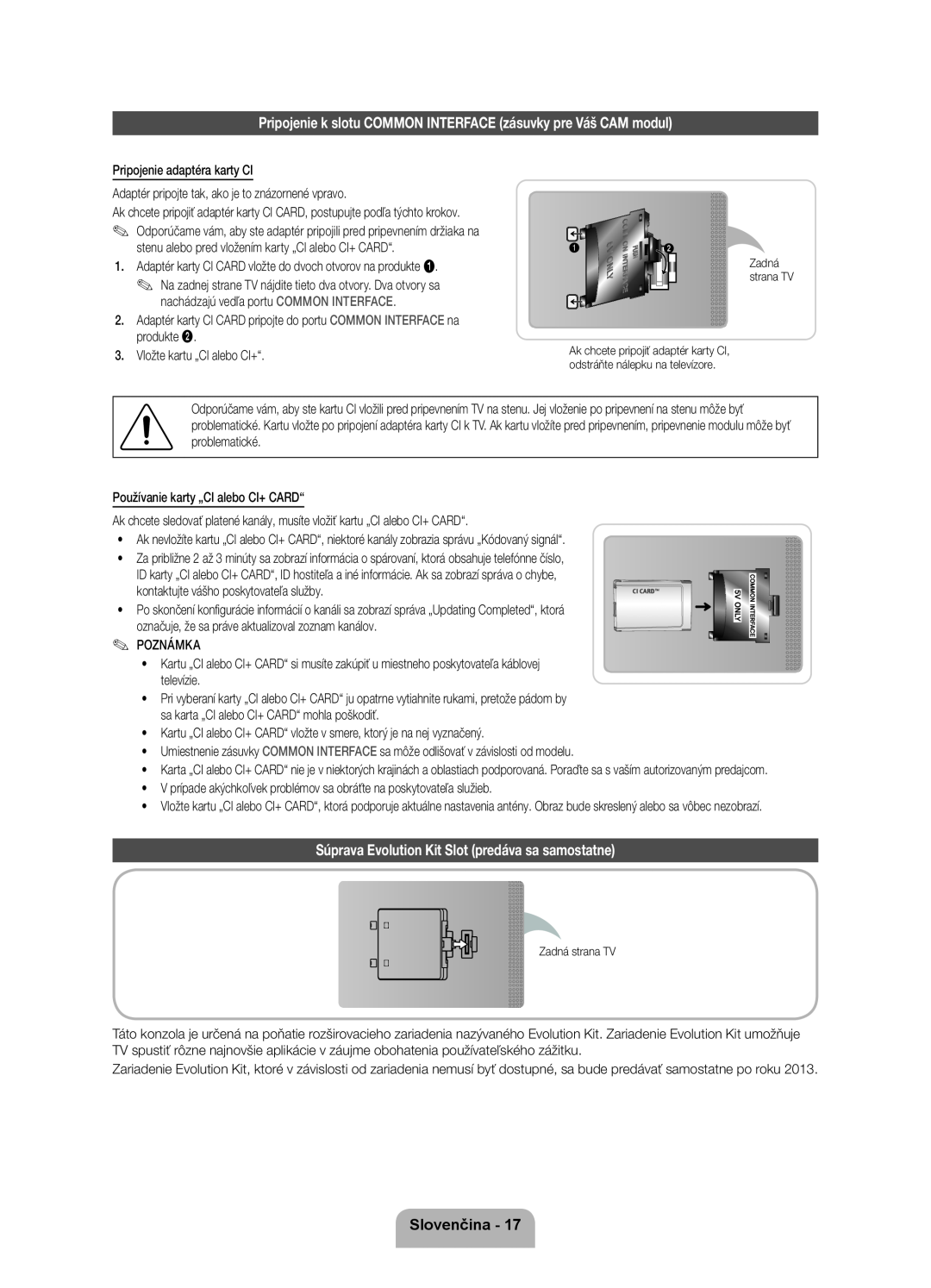Samsung UE55ES8000SXZF manual Pripojenie k slotu COMMON INTERFACE zásuvky pre Váš CAM modul, Slovenčina, Zadná strana TV 