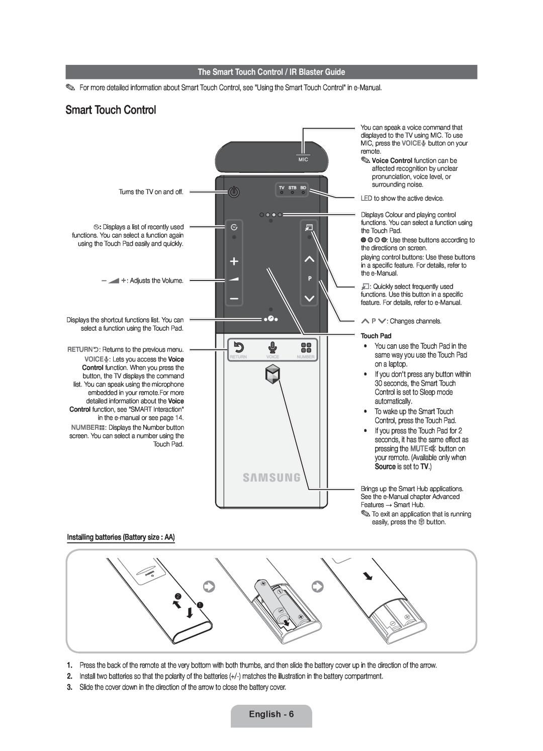 Samsung UE46ES8000SXZF, UE46ES8000SXXN, UE55ES8000SXXH manual The Smart Touch Control / IR Blaster Guide, English 