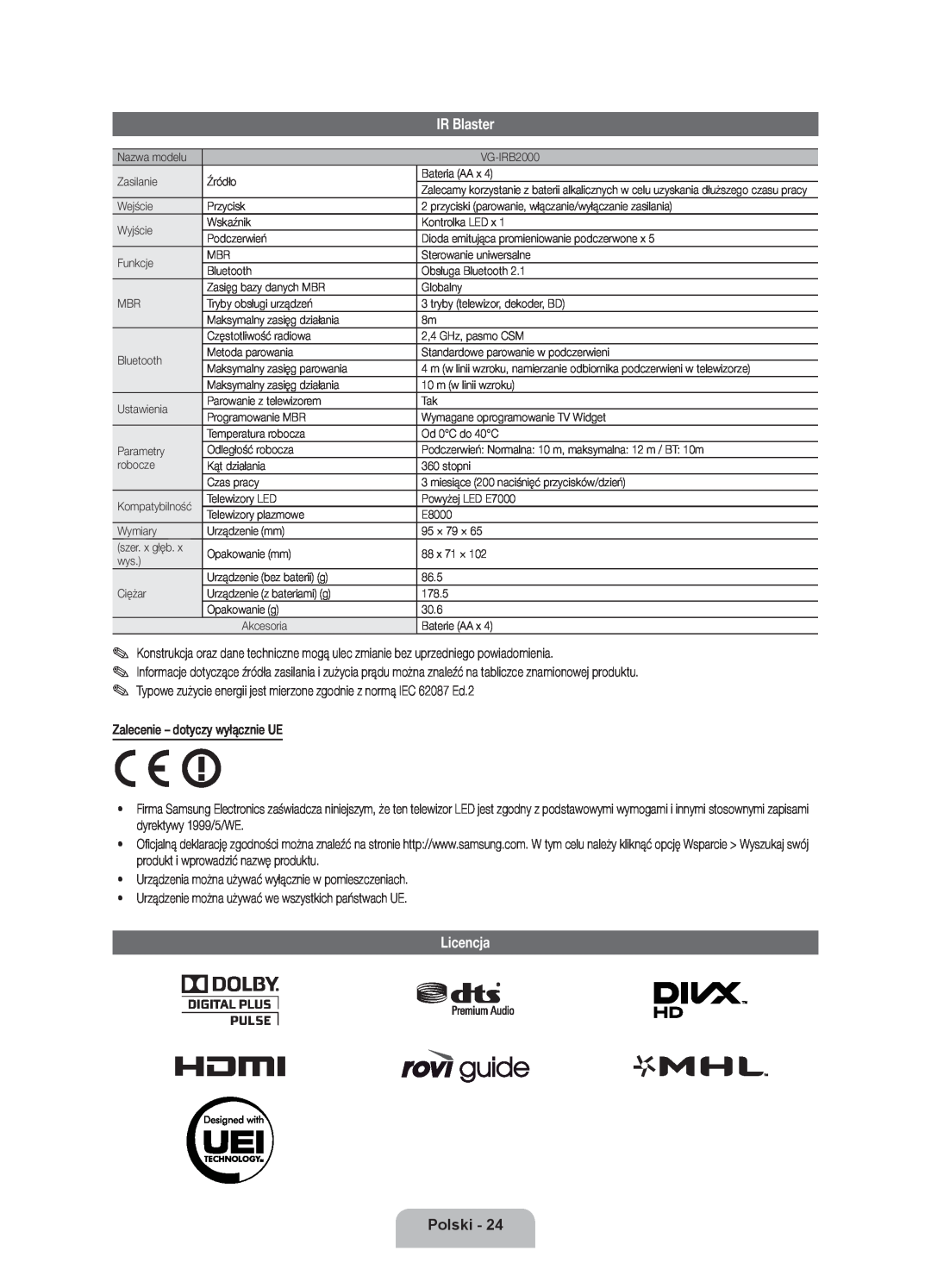 Samsung UE55ES8000SXZF, UE46ES8000SXXN, UE55ES8000SXXH manual Licencja, IR Blaster, Polski, Zalecenie - dotyczy wyłącznie UE 