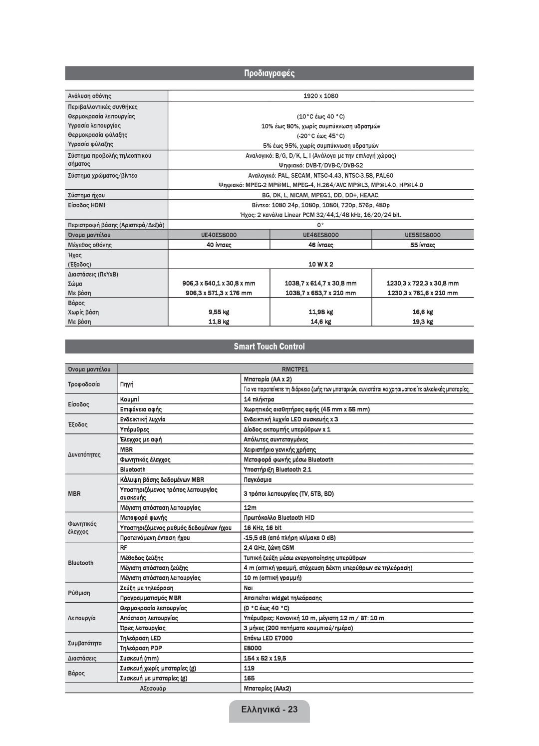 Samsung UE46ES8000SXXH, UE46ES8000SXXN manual Προδιαγραφές, Smart Touch Control, Ελληνικά, Ψηφιακό DVB-T/DVB-C/DVB-S2 