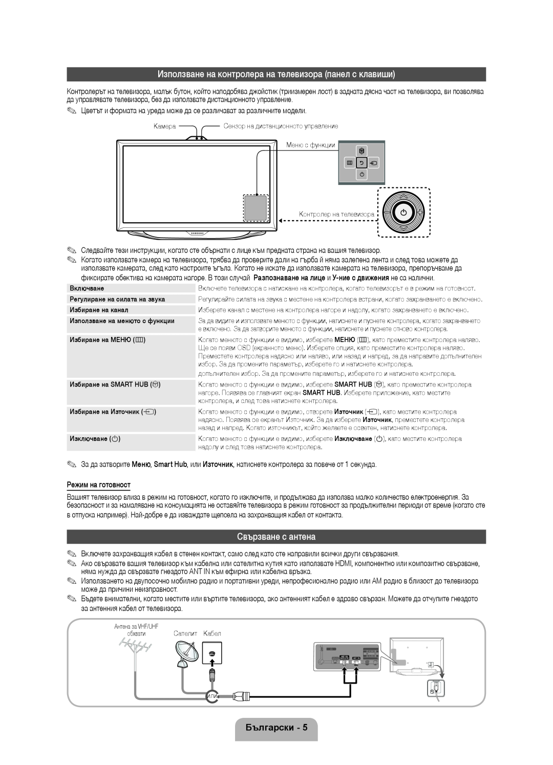 Samsung UE55ES8000SXZF manual Използване на контролера на телевизора панел с клавиши, Свързване с антена, Български 