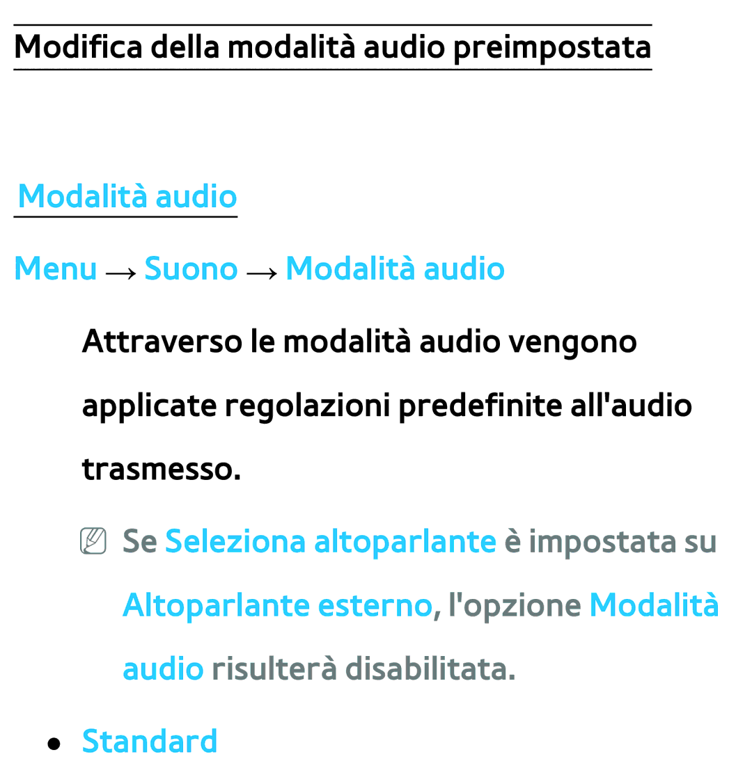 Samsung UE46ES8000QXZT, UE46ES8000SXXN, UE55ES8000SXXH, UE55ES7000SXXH manual Modifica della modalità audio preimpostata 