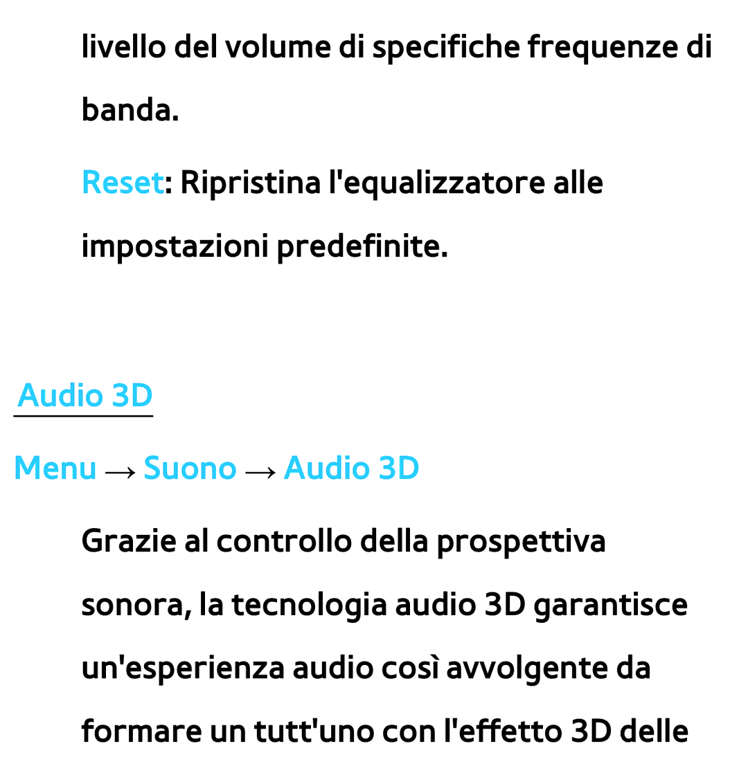 Samsung UE46ES8000SXXN, UE55ES8000SXXH, UE55ES7000SXXH, UE46ES8000SXXH, UE46ES7000SXXH manual Audio 3D Menu → Suono → Audio 3D 