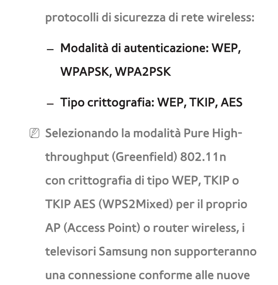 Samsung UE46ES7000SXXH, UE46ES8000SXXN, UE55ES8000SXXH manual Protocolli di sicurezza di rete wireless, WPAPSK, WPA2PSK 