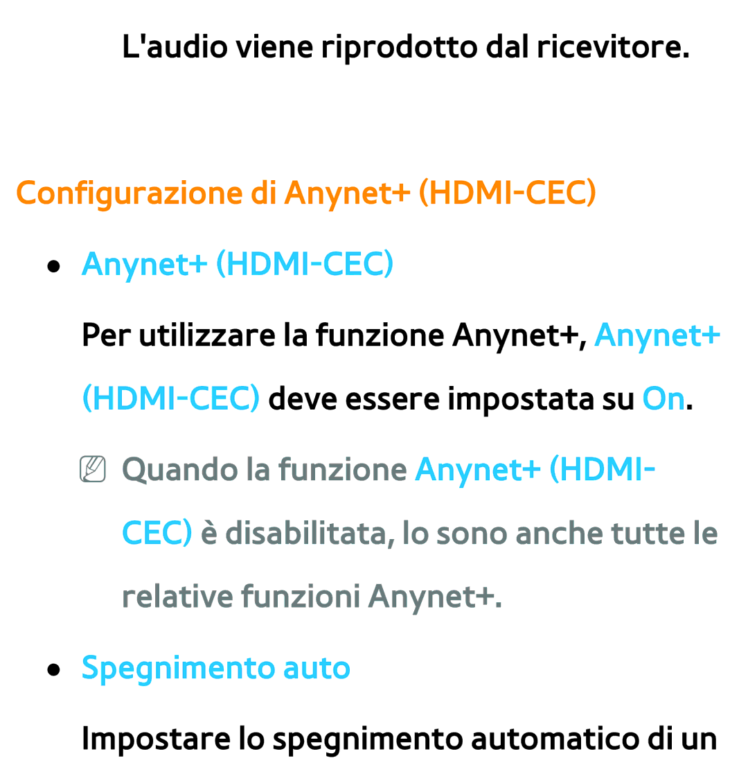 Samsung UE55ES8000SXXN, UE46ES8000SXXN manual Configurazione di Anynet+ HDMI-CEC Anynet+ HDMI-CEC, Spegnimento auto 