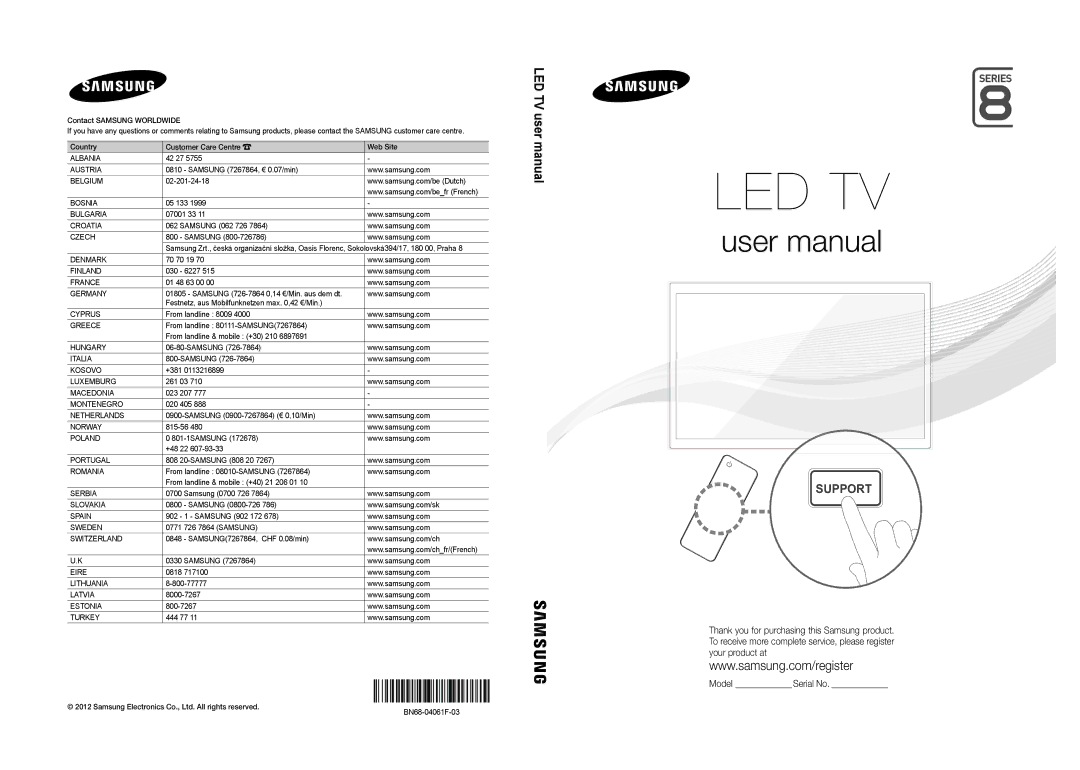 Samsung UE40ES8005UXXE, UE46ES8005UXXE, UE55ES8005UXXE manual Samsung 726-7864 0,14 €/Min. aus dem dt, BN68-04061F-03 