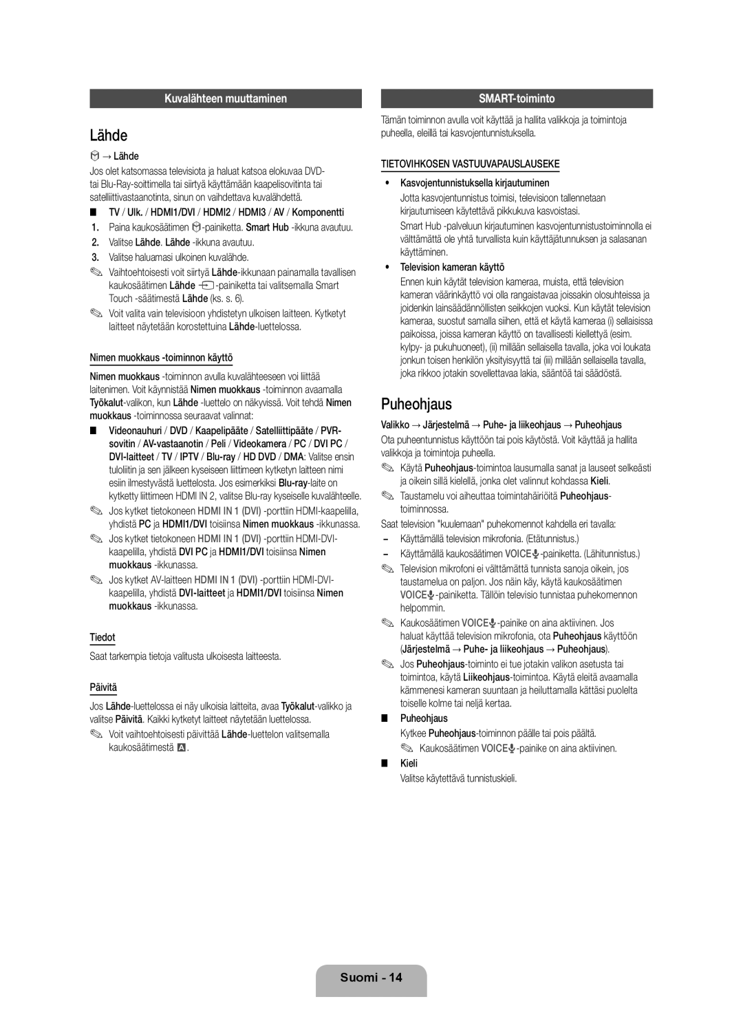 Samsung UE40ES8005UXXE manual Lähde, Puheohjaus, Kuvalähteen muuttaminen, SMART-toiminto, Tietovihkosen Vastuuvapauslauseke 