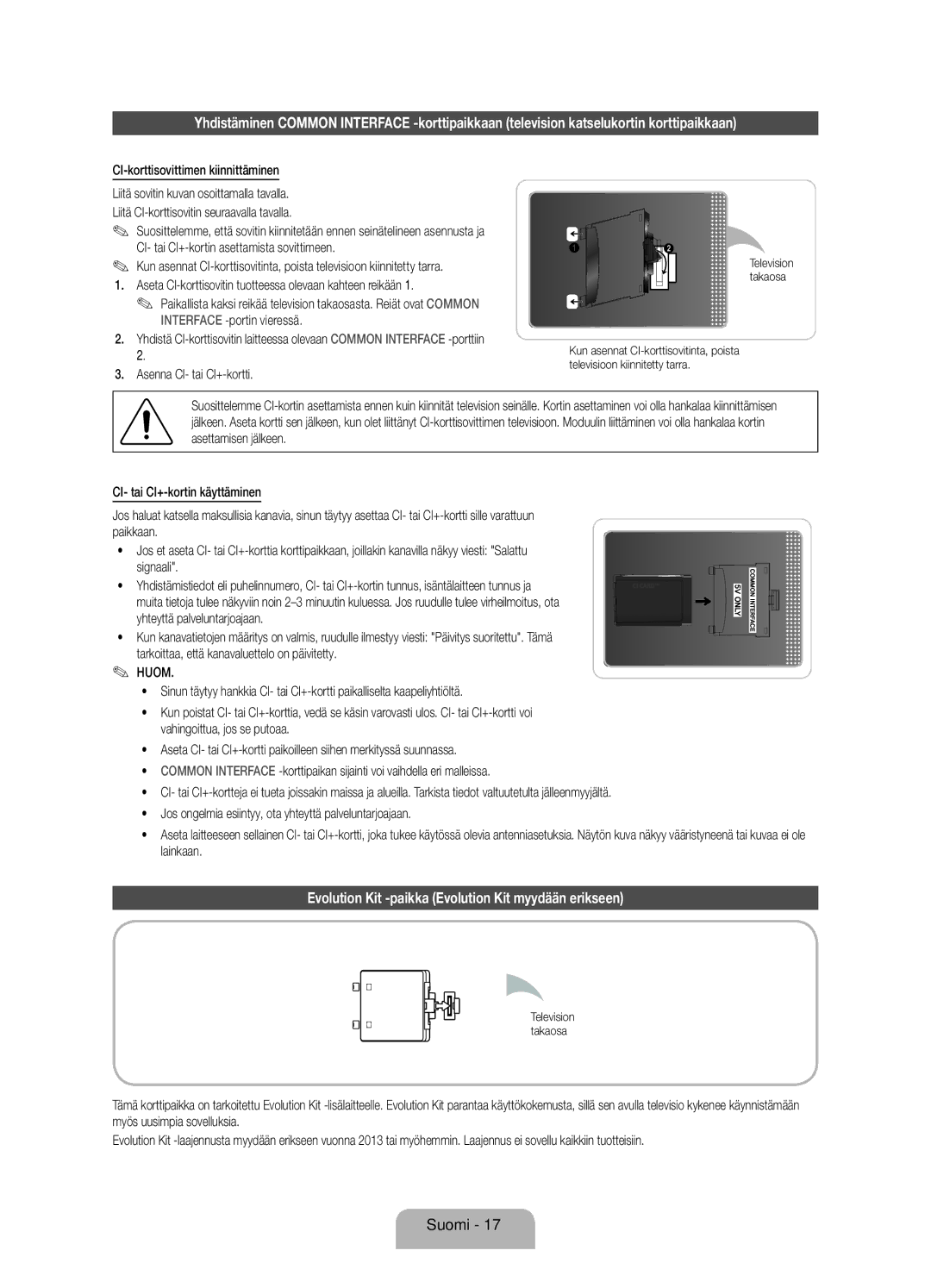 Samsung UE40ES8005UXXE manual Evolution Kit -paikka Evolution Kit myydään erikseen, CI-korttisovittimen kiinnittäminen 