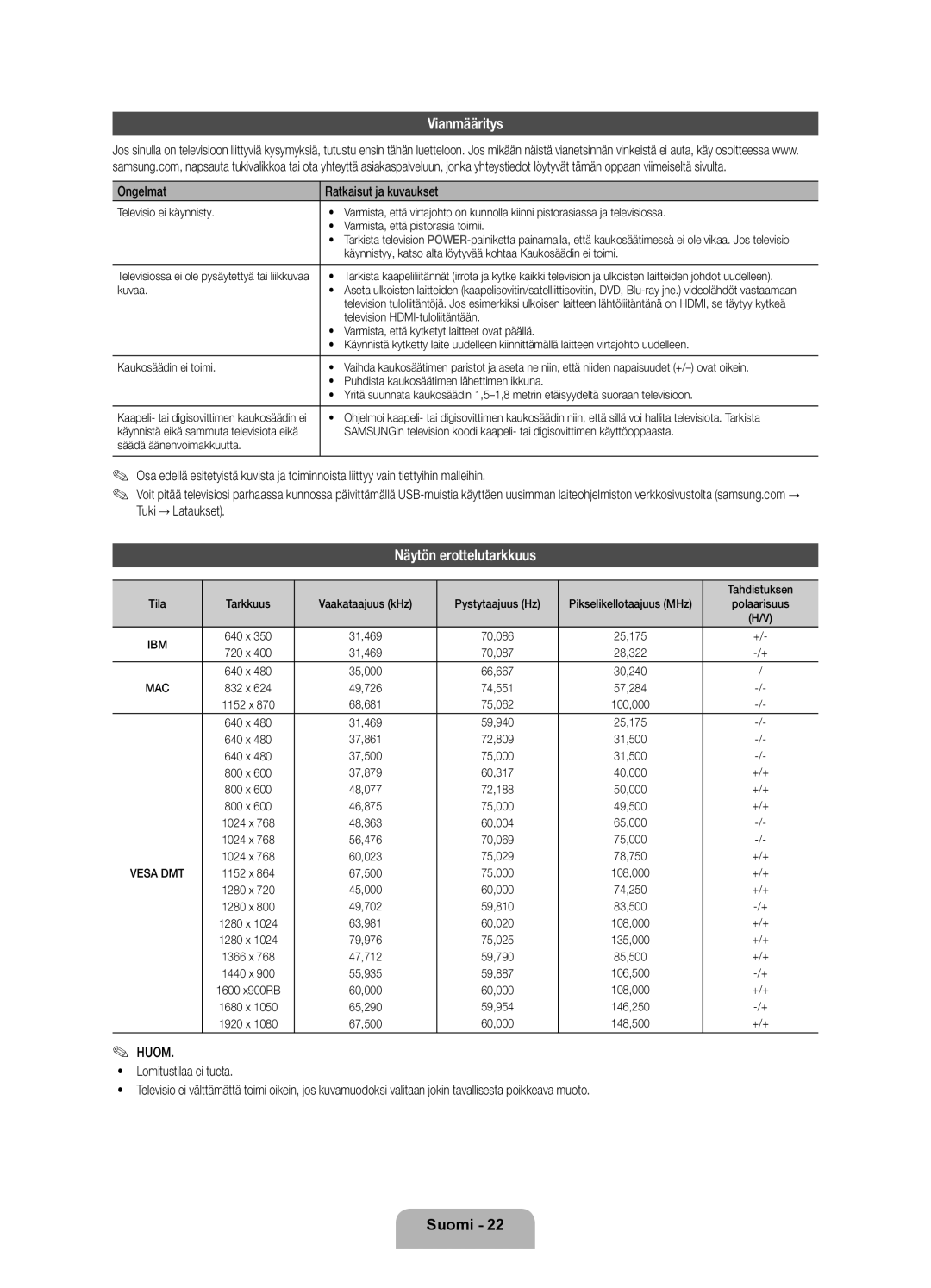 Samsung UE46ES8005UXXE, UE40ES8005UXXE manual Vianmääritys, Näytön erottelutarkkuus, Ongelmat Ratkaisut ja kuvaukset 